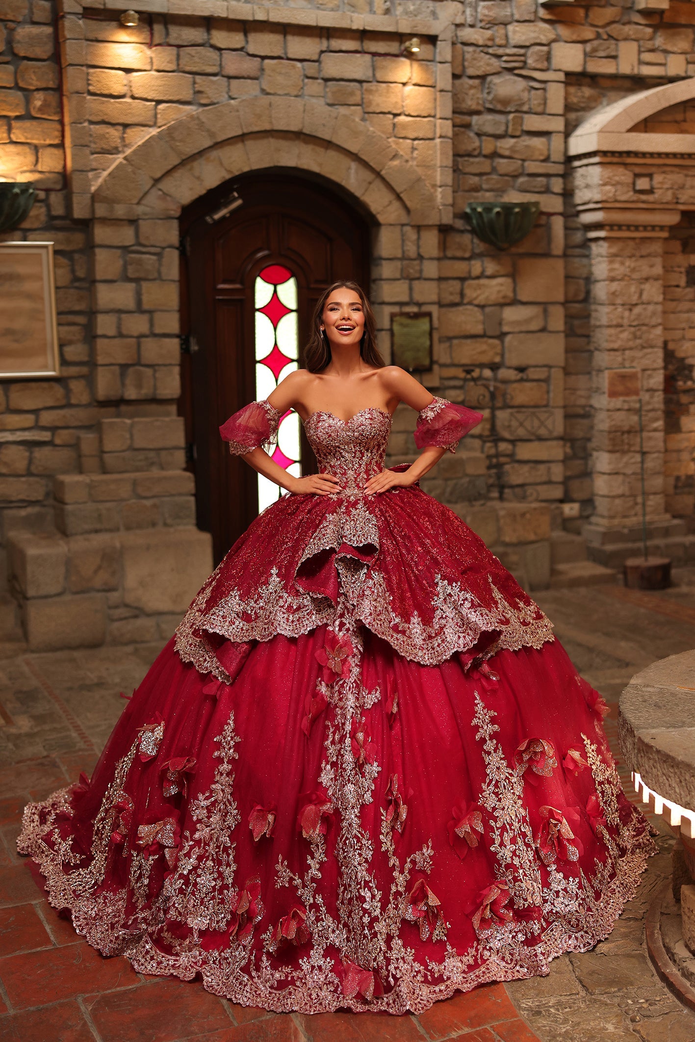 Wine Sweetheart Floor-Length Embroidered Tulle Quinceañera Ball Gown with Detachable Sleeves Amarra 54236