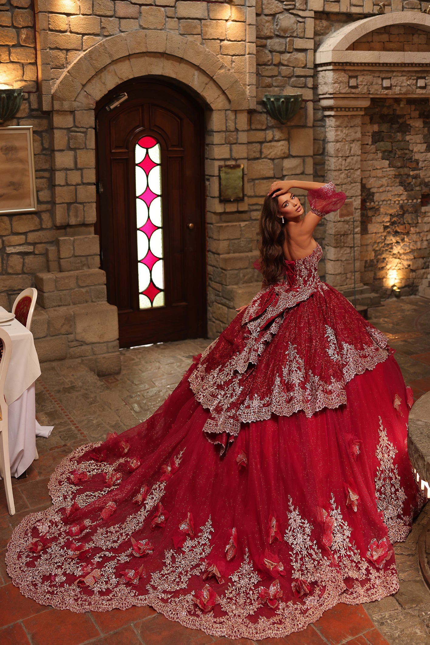 Wine Sweetheart Floor-Length Embroidered Tulle Quinceañera Ball Gown with Detachable Sleeves Amarra 54236