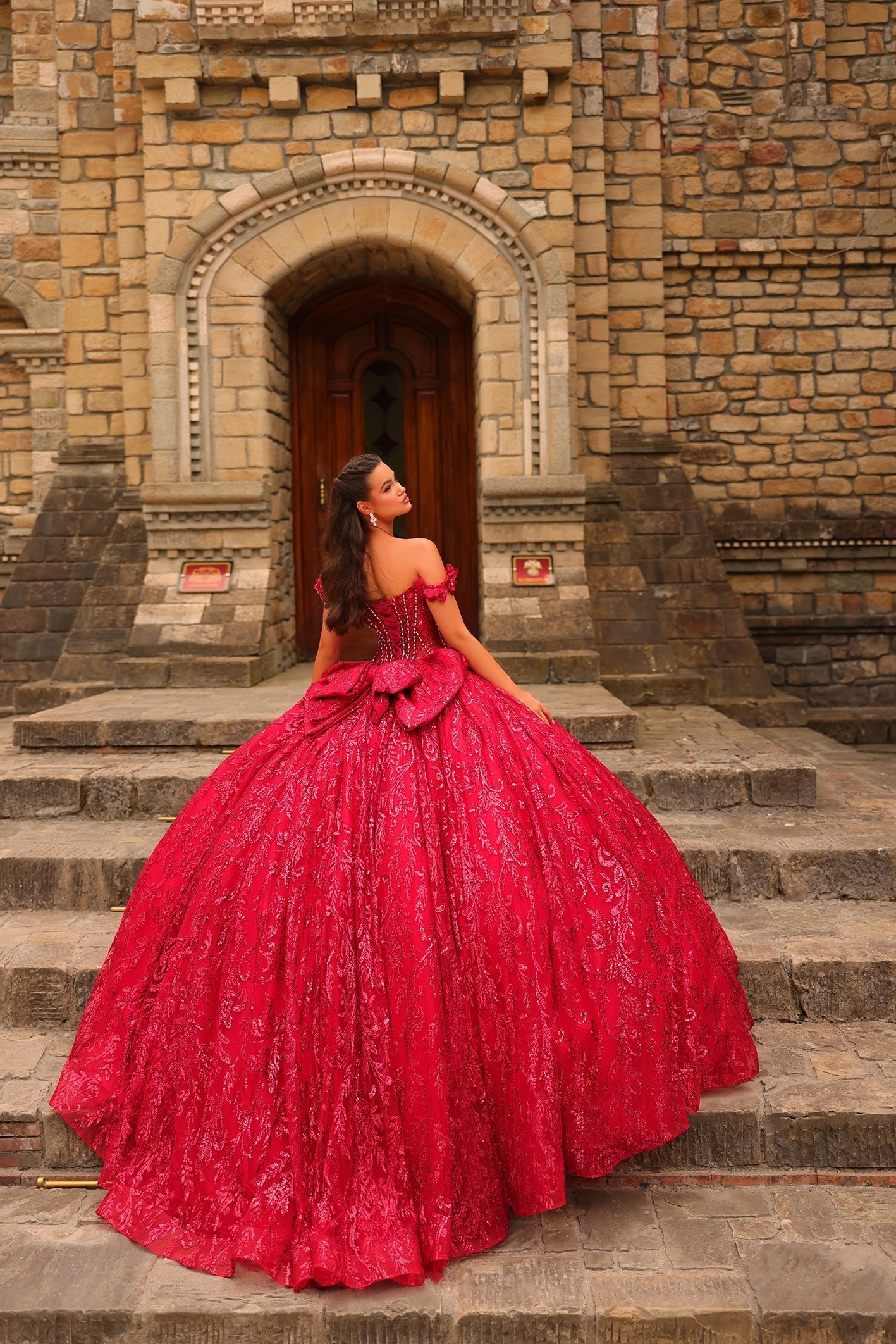 Red Off-the-Shoulder Floor-Length Glitter Tulle Quinceañera Ball Gown with Oversized Back Bow Amarra 54237