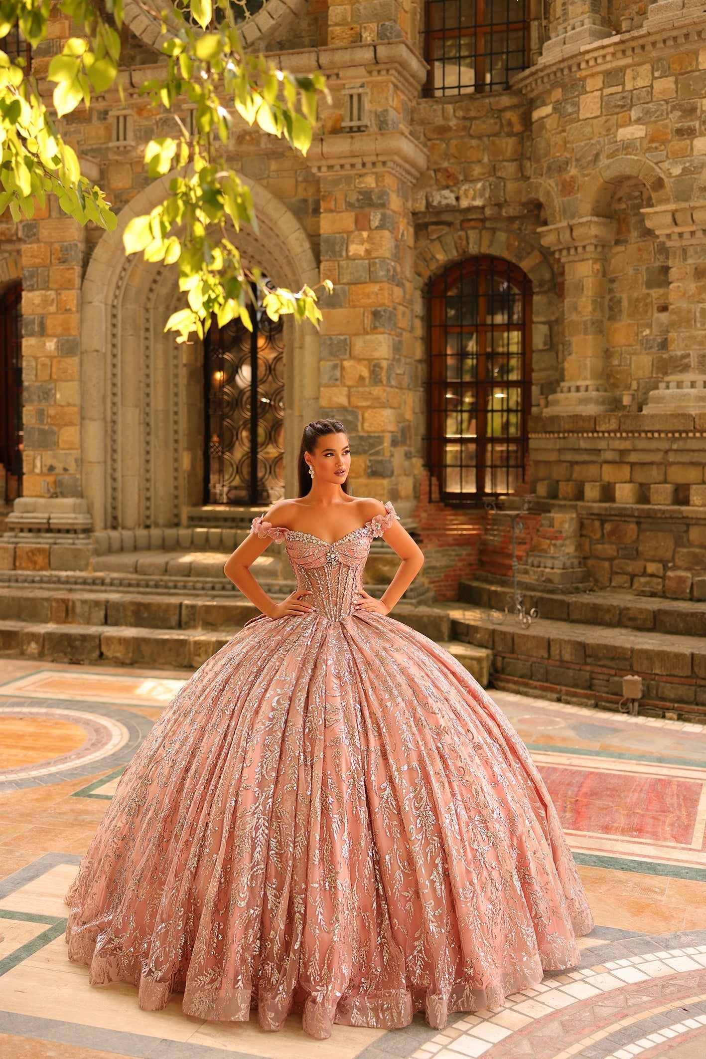 Rose Gold Off-the-Shoulder Floor-Length Glitter Tulle Quinceañera Ball Gown with Oversized Back Bow Amarra 54237