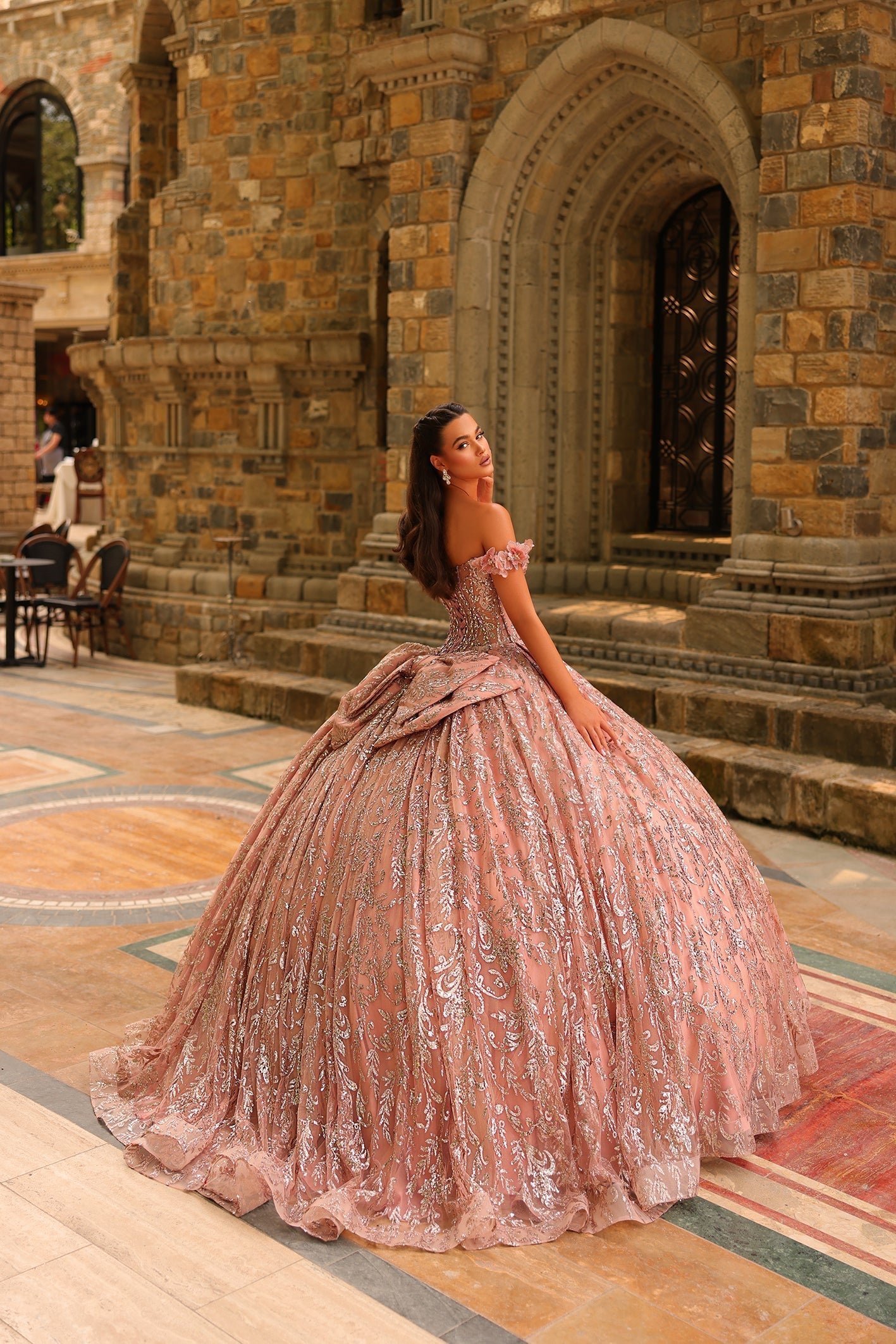 Rose Gold Off-the-Shoulder Floor-Length Glitter Tulle Quinceañera Ball Gown with Oversized Back Bow Amarra 54237