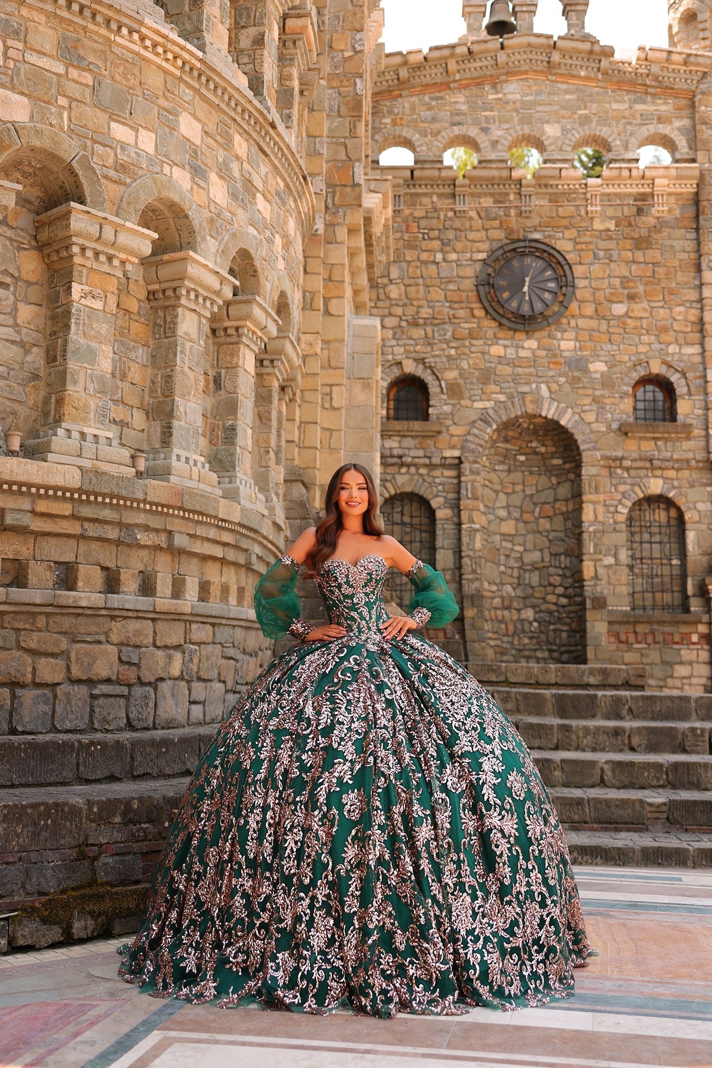 Emerald Sweetheart Floor-Length Embroidered Tulle Quinceañera Ball Gown with Detachable Sleeves Amarra 54238