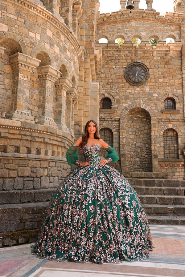 Sweetheart Floor-Length Embroidered Tulle Quinceañera Ball Gown with Detachable Sleeves Amarra 54238