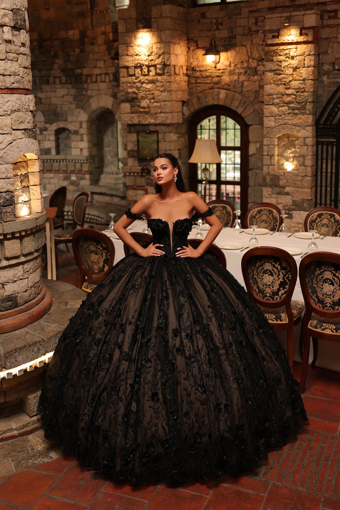 Quinceanera Dresses Long Ball Gown 3D Applique Quinceanera Dress Black/Nude