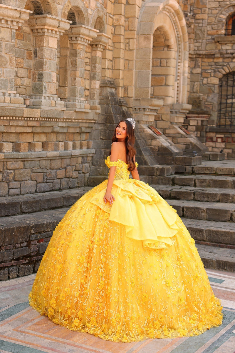 Quinceanera Dresses Long Ball Gown 3D Applique Quinceanera Dress Yellow