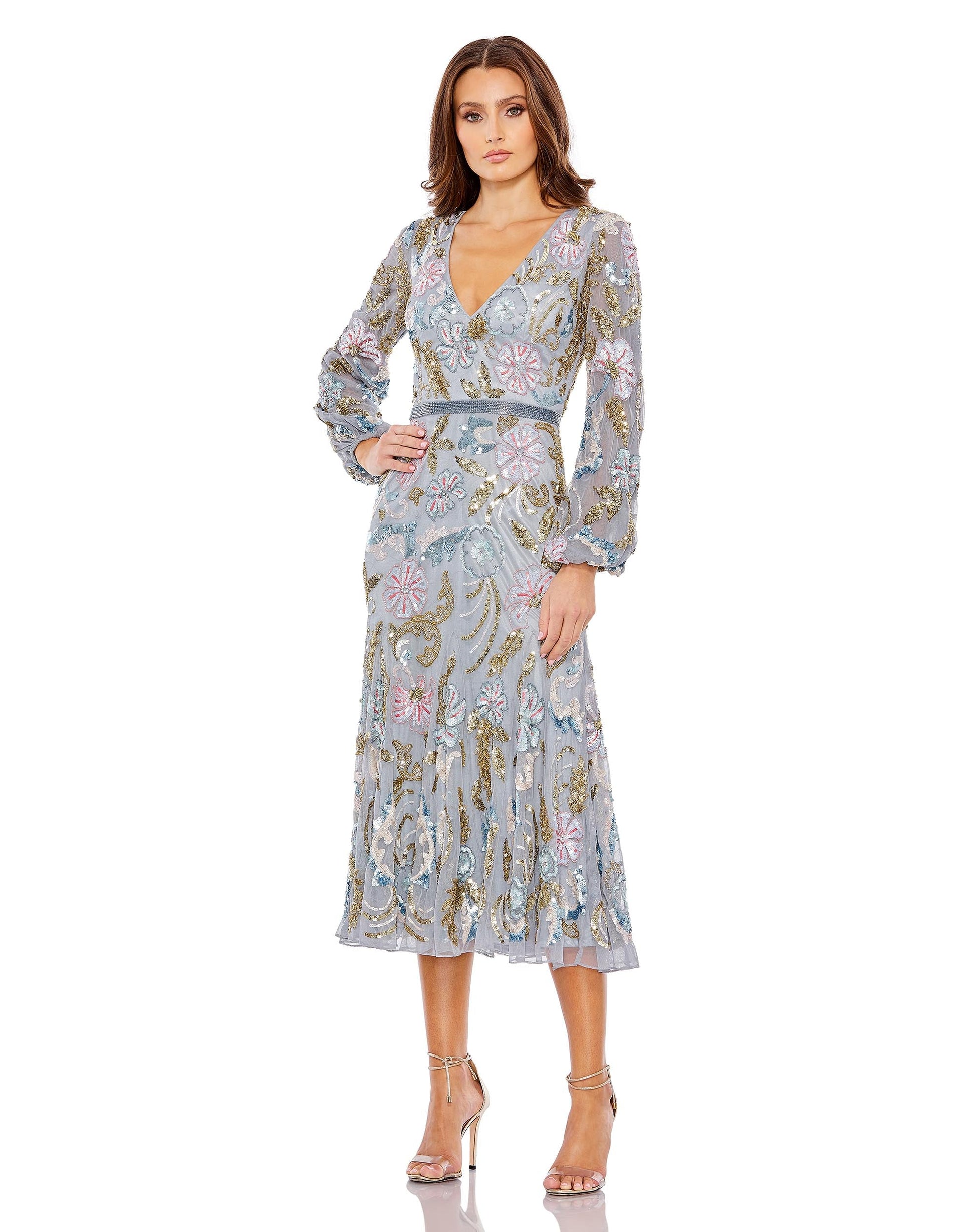 Mac Duggal 5423 Long Sleeve Sequin Cocktail Midi Dress
