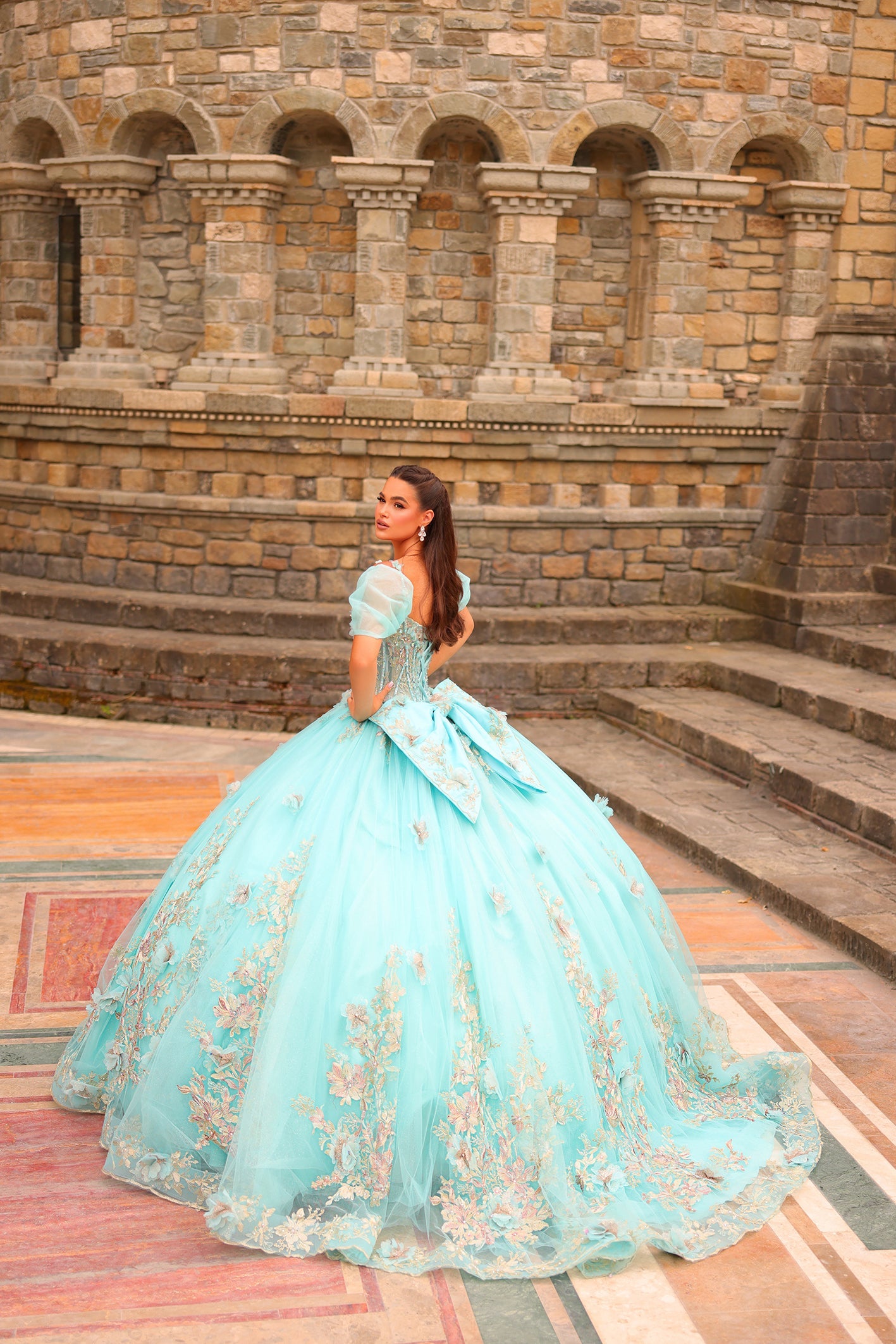 Aqua Off the Shoulder Floor-Length Tulle Quinceañera Ball Gown with Floral Appliqué Amarra 54241
