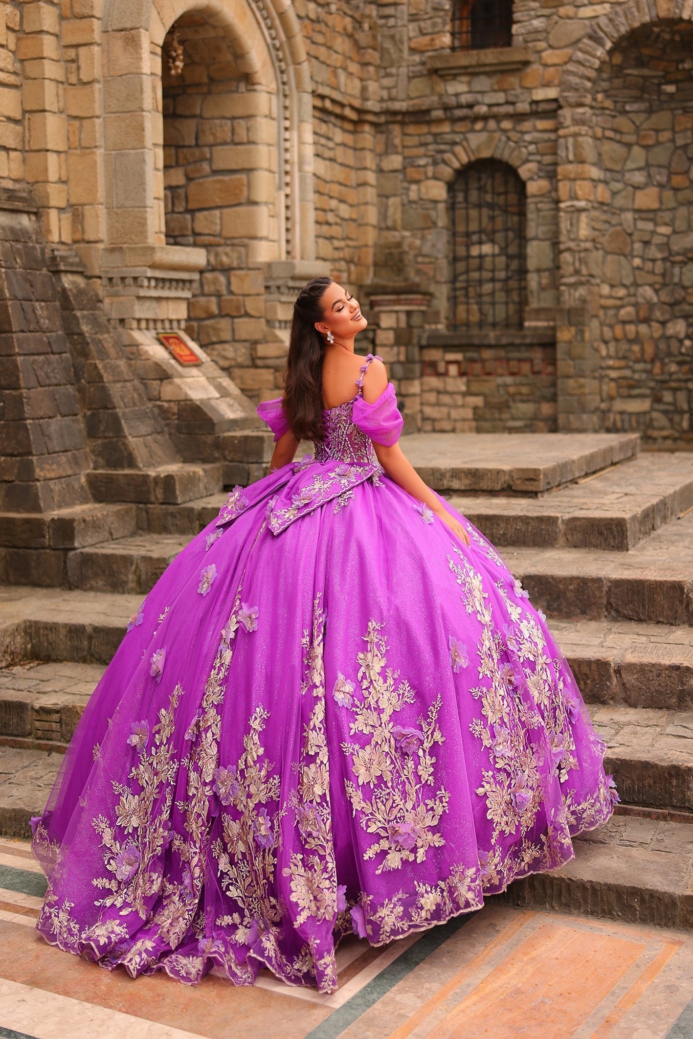 Purple Off the Shoulder Floor-Length Tulle Quinceañera Ball Gown with Floral Appliqué Amarra 54241