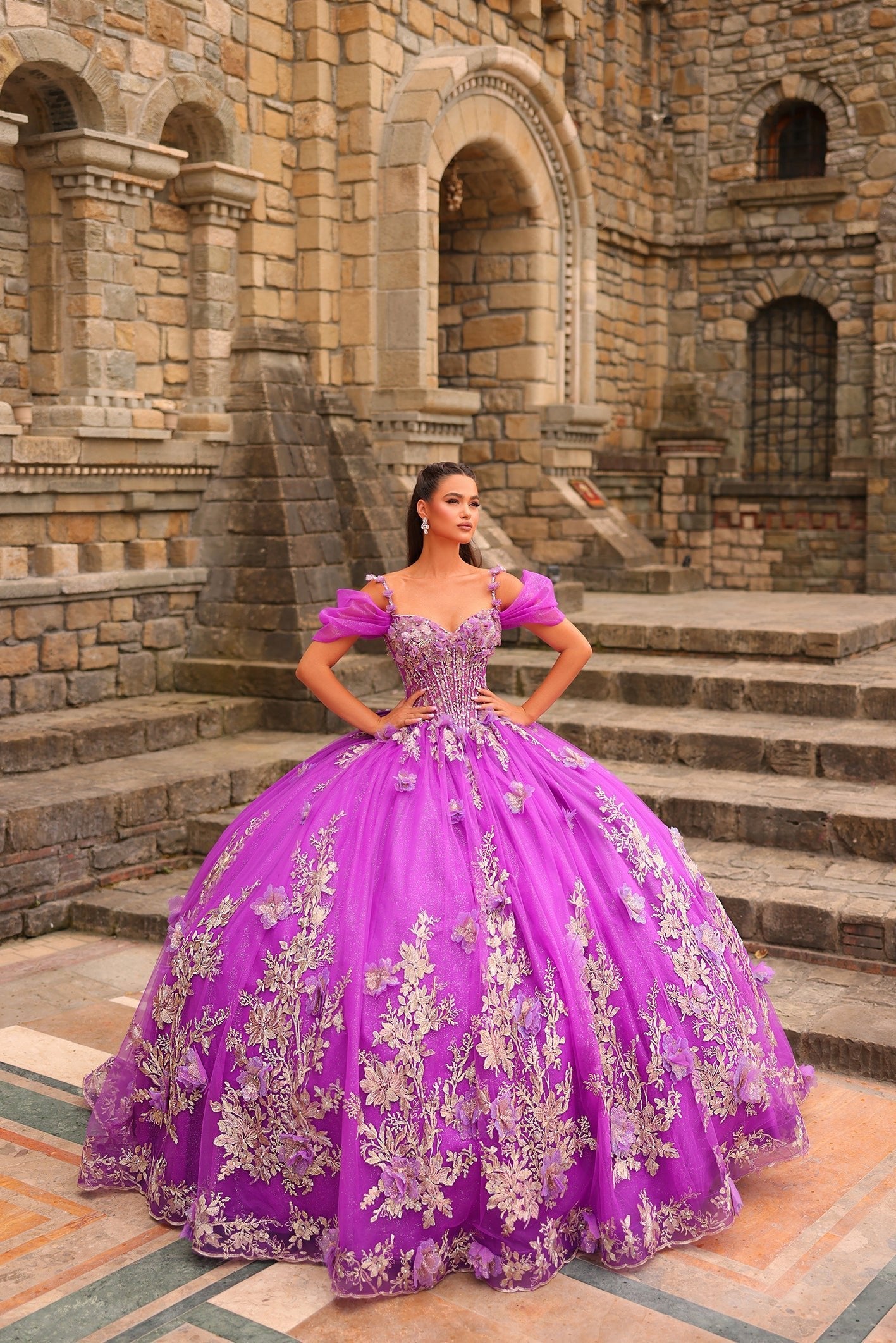Purple Off the Shoulder Floor-Length Tulle Quinceañera Ball Gown with Floral Appliqué Amarra 54241