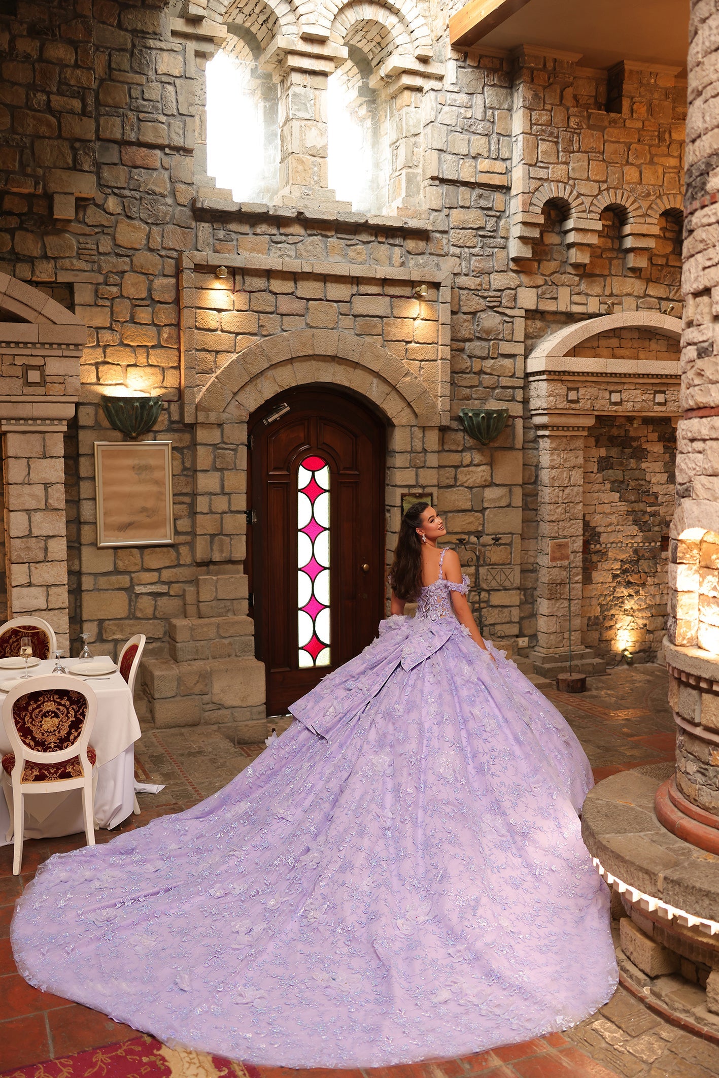 Lilac Sweetheart Floor-Length Tulle Quinceañera Ball Gown with Floral Appliqué Train Amarra 54243