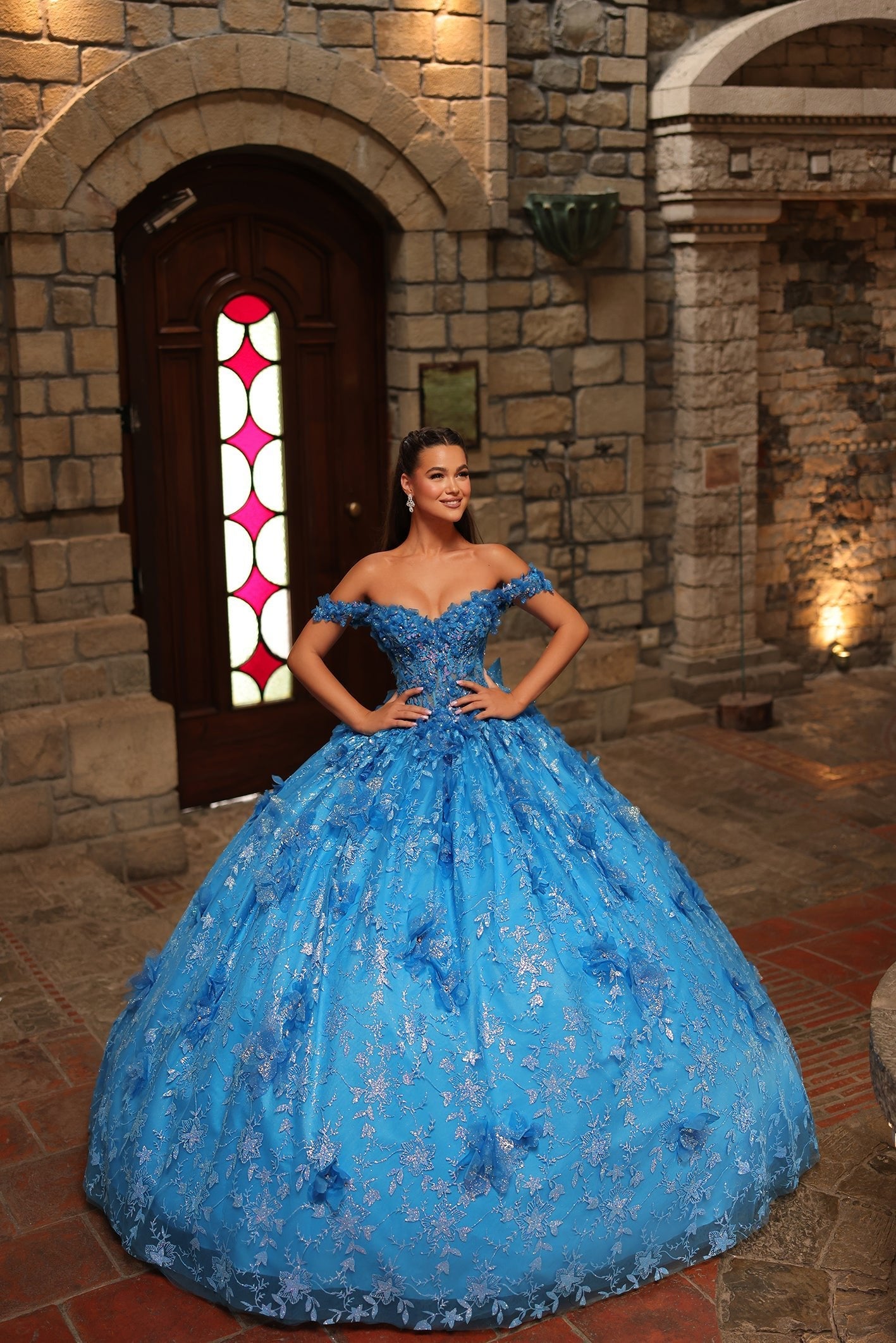 Turquoise Sweetheart Floor-Length Tulle Quinceañera Ball Gown with Floral Appliqué Train Amarra 54243