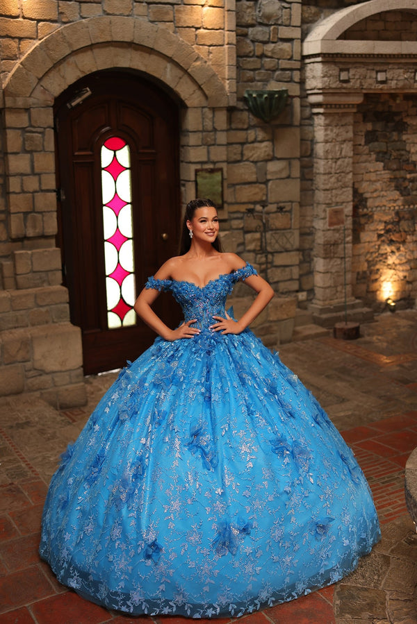 Sweetheart Floor-Length Tulle Quinceañera Ball Gown with Floral Appliqué Train Amarra 54243
