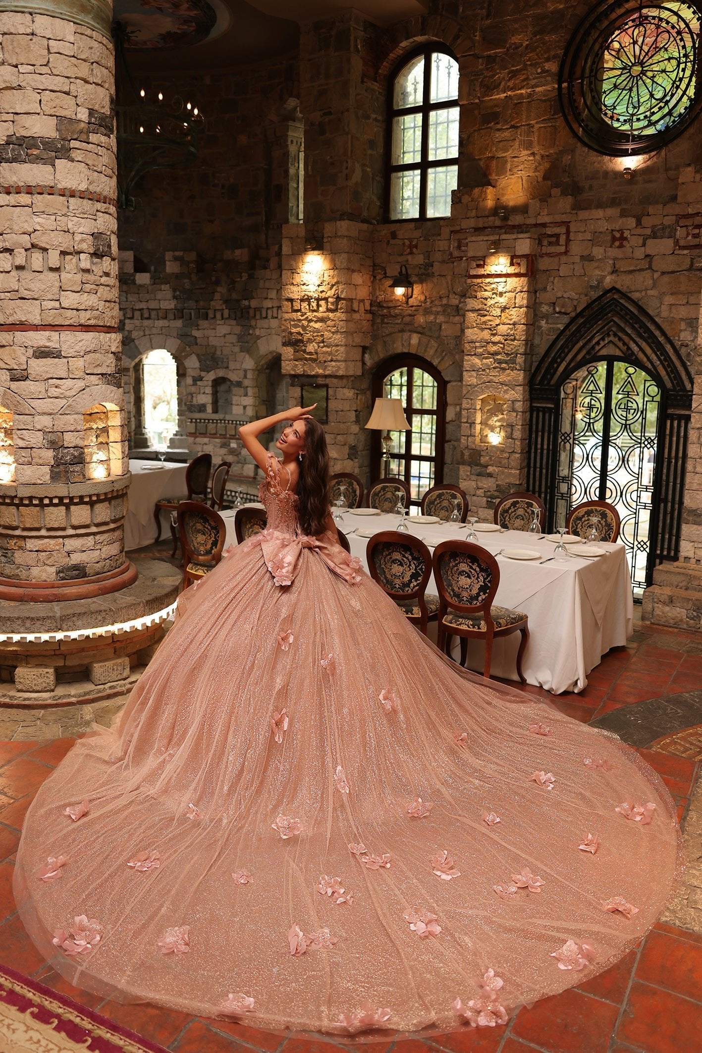 Quinceanera Dresses Amarra 54244 Long Ball Gown Glitter Quinceañera Dress Rose Gold