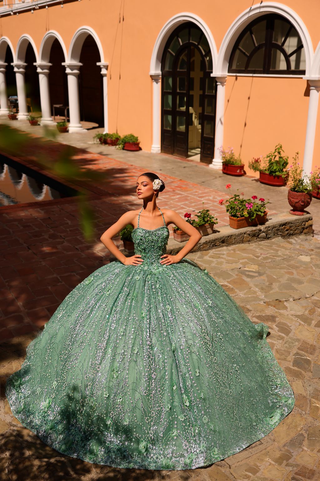 Amarra 54248 Long Glitter Ball Gown Detachable Cape Quinceanera Dress