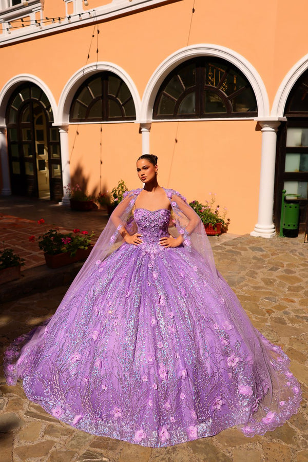 Amarra 54248 Long Glitter Ball Gown Detachable Cape Quinceanera Dress