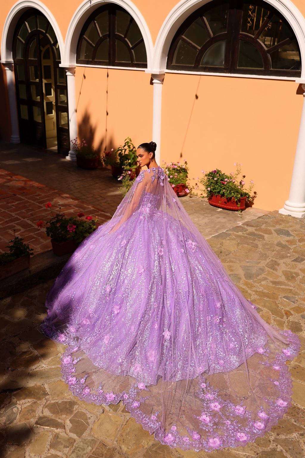 Amarra 54248 Long Glitter Ball Gown Detachable Cape Quinceanera Dress