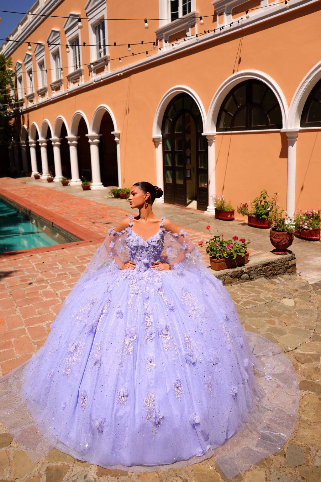 Quinceniera Dresses Long Beaded Lace Floral Ball Gown Quinceanera Dress Periwinkle