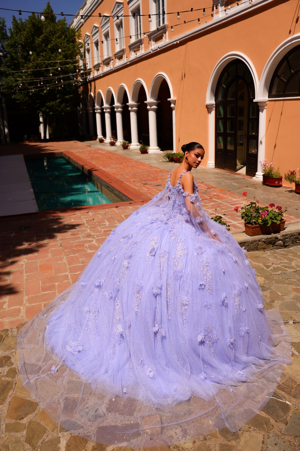Quinceniera Dresses Long Beaded Lace Floral Ball Gown Quinceanera Dress Periwinkle