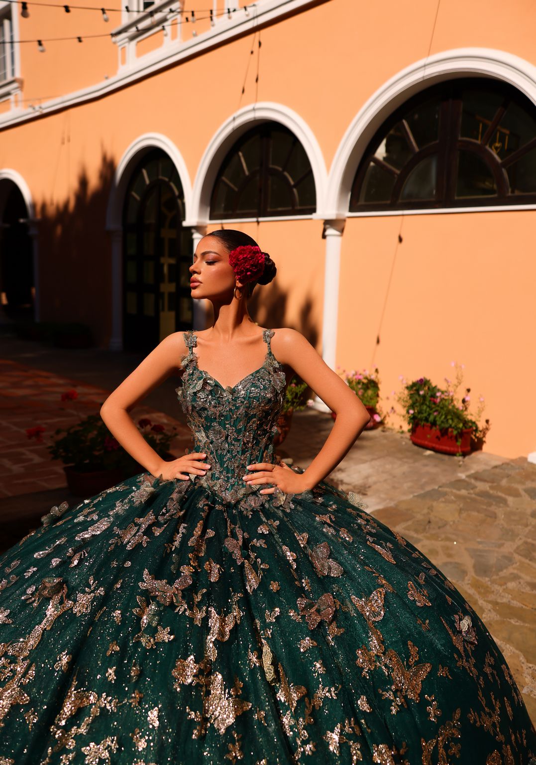 Quinceniera Dresses Beaded Long Lace Ball Gown Quinceanera Dress Emerald/Gold