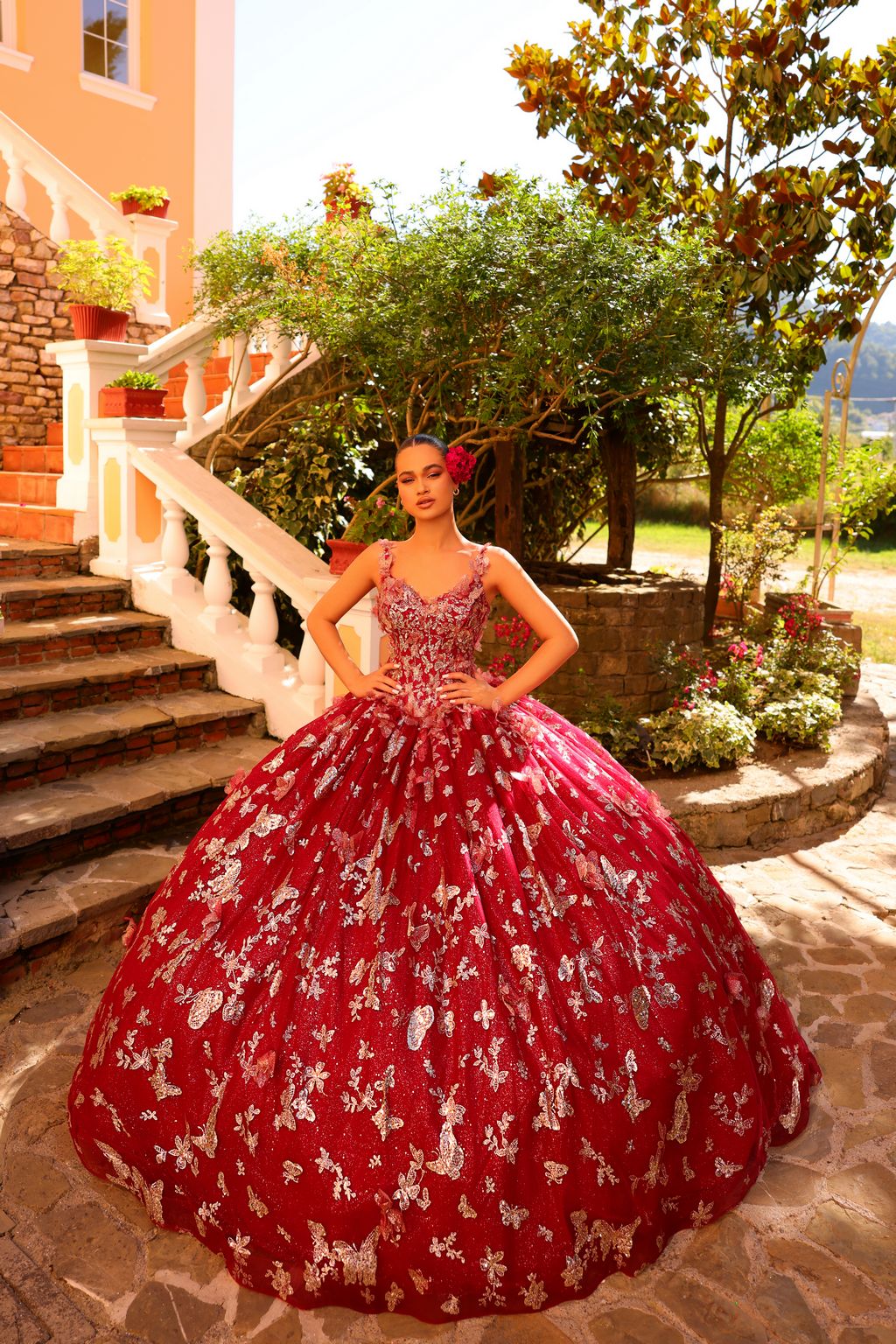 Quinceniera Dresses Beaded Long Lace Ball Gown Quinceanera Dress Wine/Gold