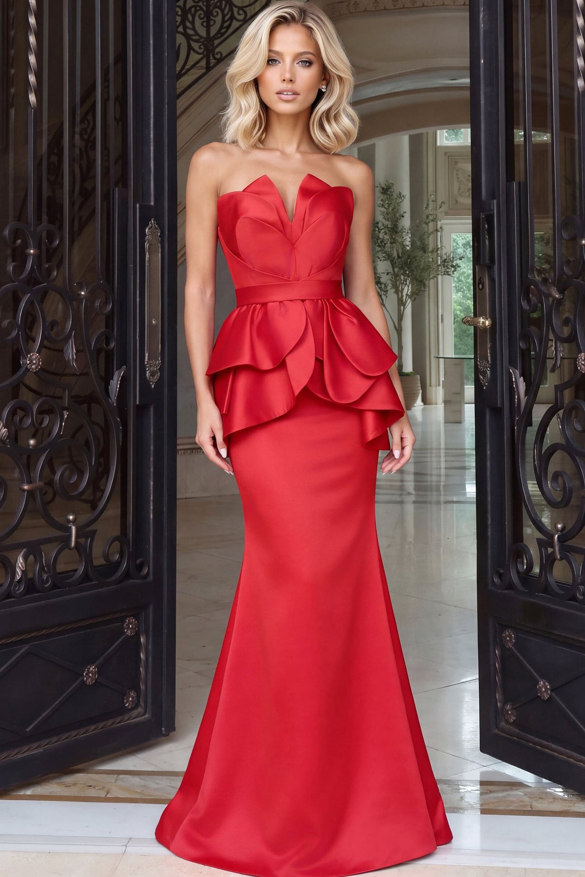 Strapless Curved Neck Floor-Length Satin Occasion Mermaid Jovani 54275