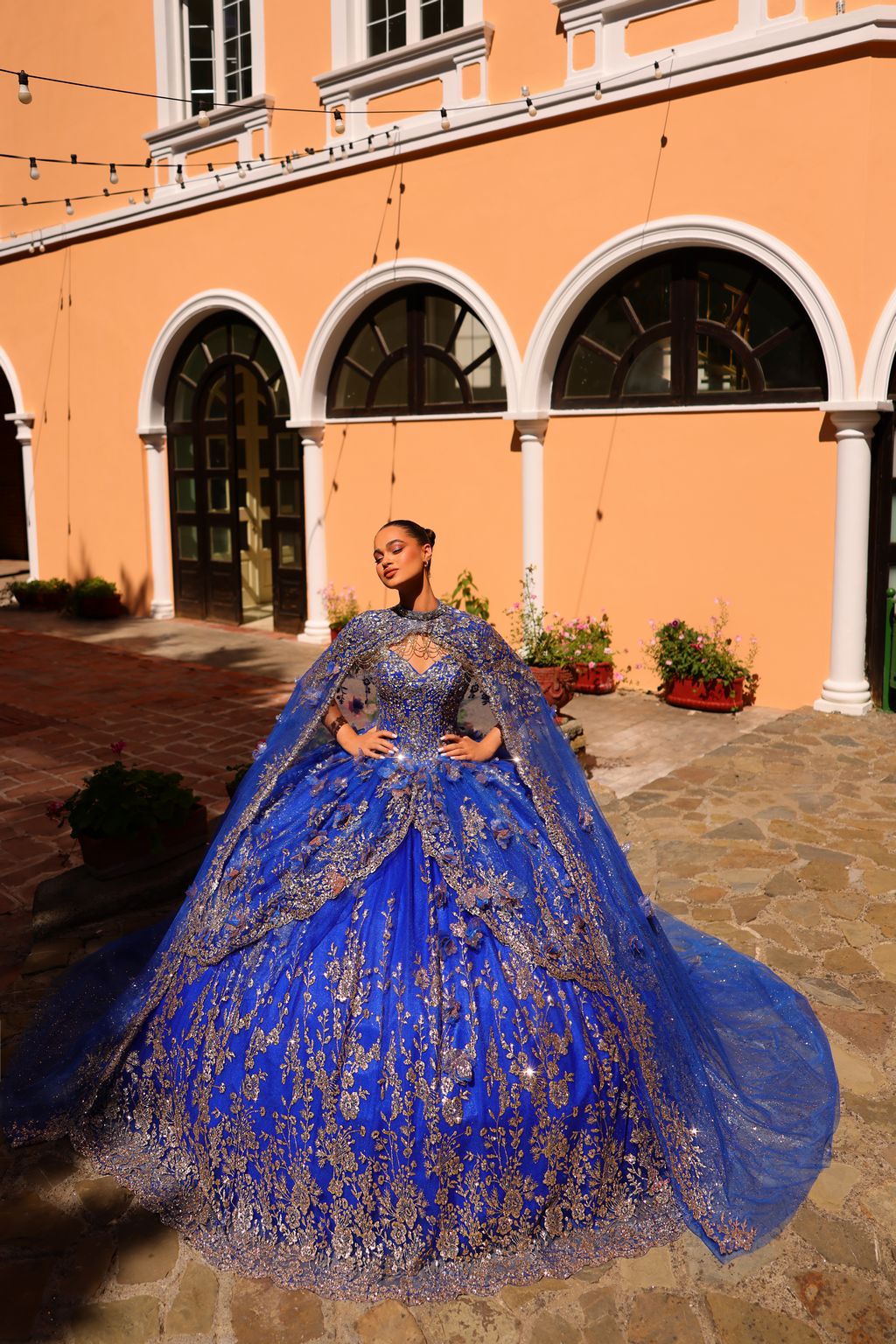 Quinceniera Dresses Long Ball Gown Glitter Detachable Cape Quinceanera Dress Royal Blue/Gold