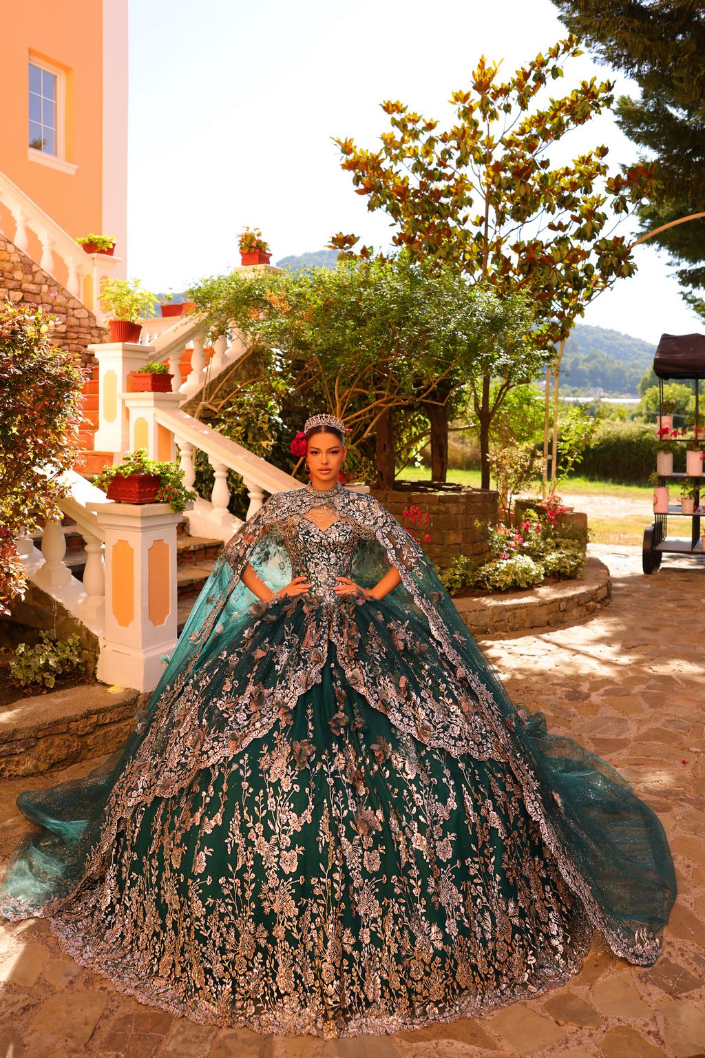 Amarra 54284 Long Ball Gown Glitter Detachable Cape Quinceanera Dress - Emerald/Gold / 22 Amarra 54284 Long Ball Gown Glitter Detachable Cape Quinceanera Dress - Emerald/Gold / 22