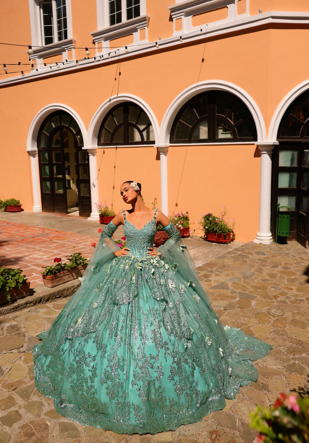 Quinceniera Dresses Long Ball Gown 3D Floral Applique Quinceanera Dress Sage