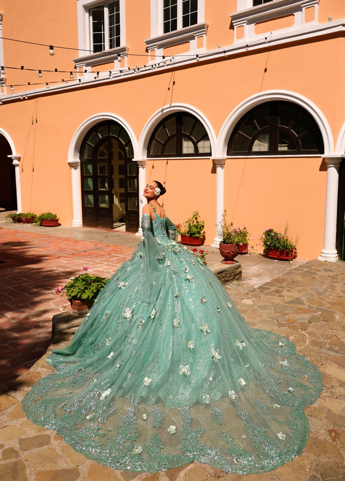 Quinceniera Dresses Long Ball Gown 3D Floral Applique Quinceanera Dress Sage