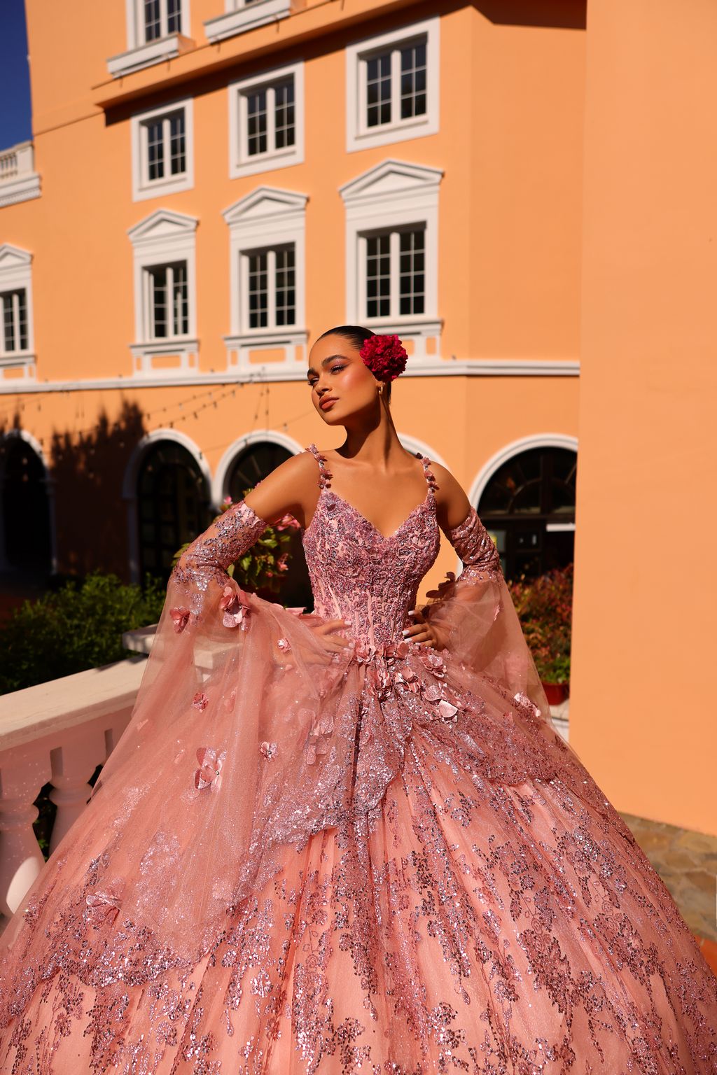 Quinceniera Dresses Long Ball Gown 3D Floral Applique Quinceanera Dress Rose Gold