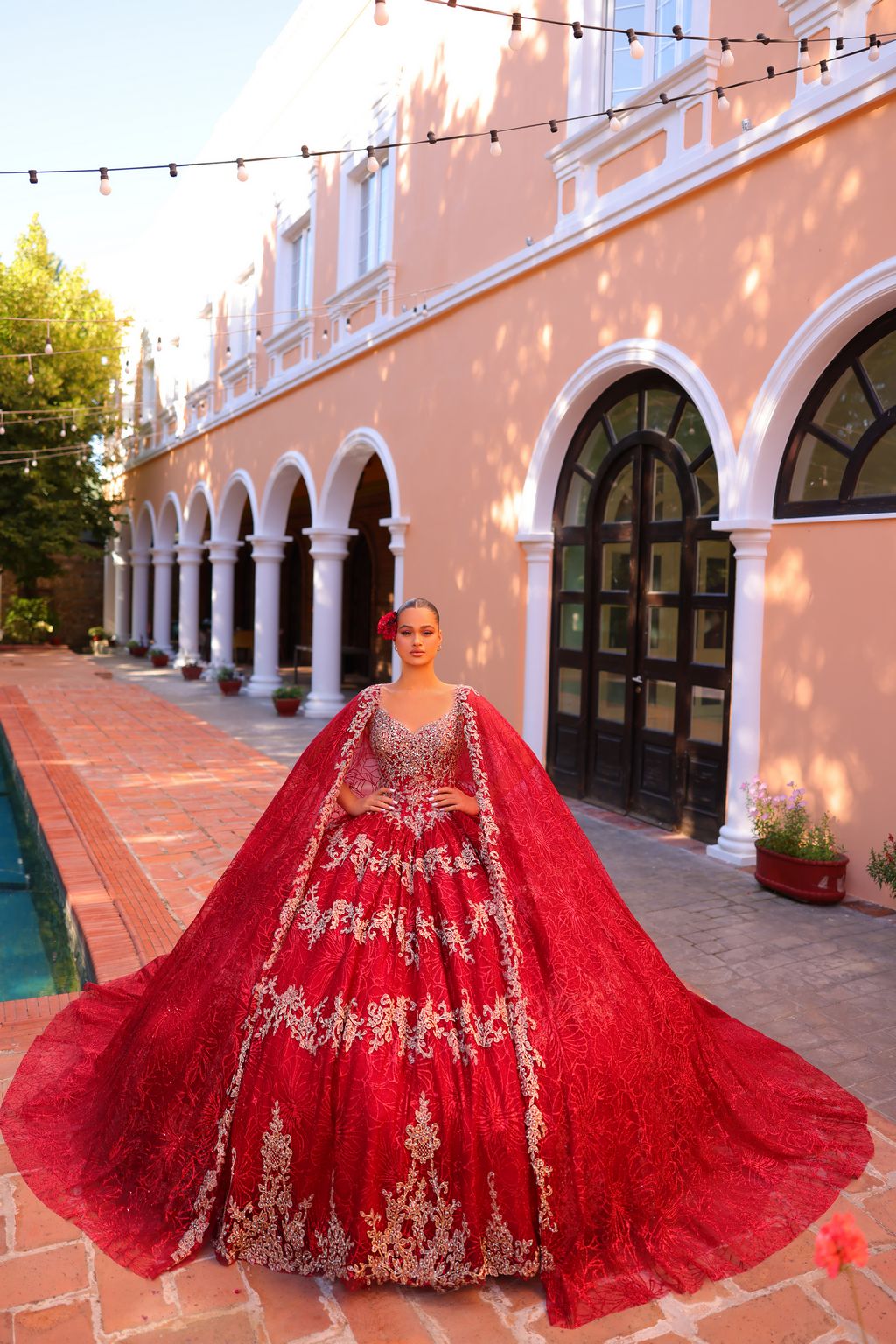 Quinceniera Dresses Long Sweet 16 Ball Gown Detachable Cape Quinceanera Dress Wine/Gold
