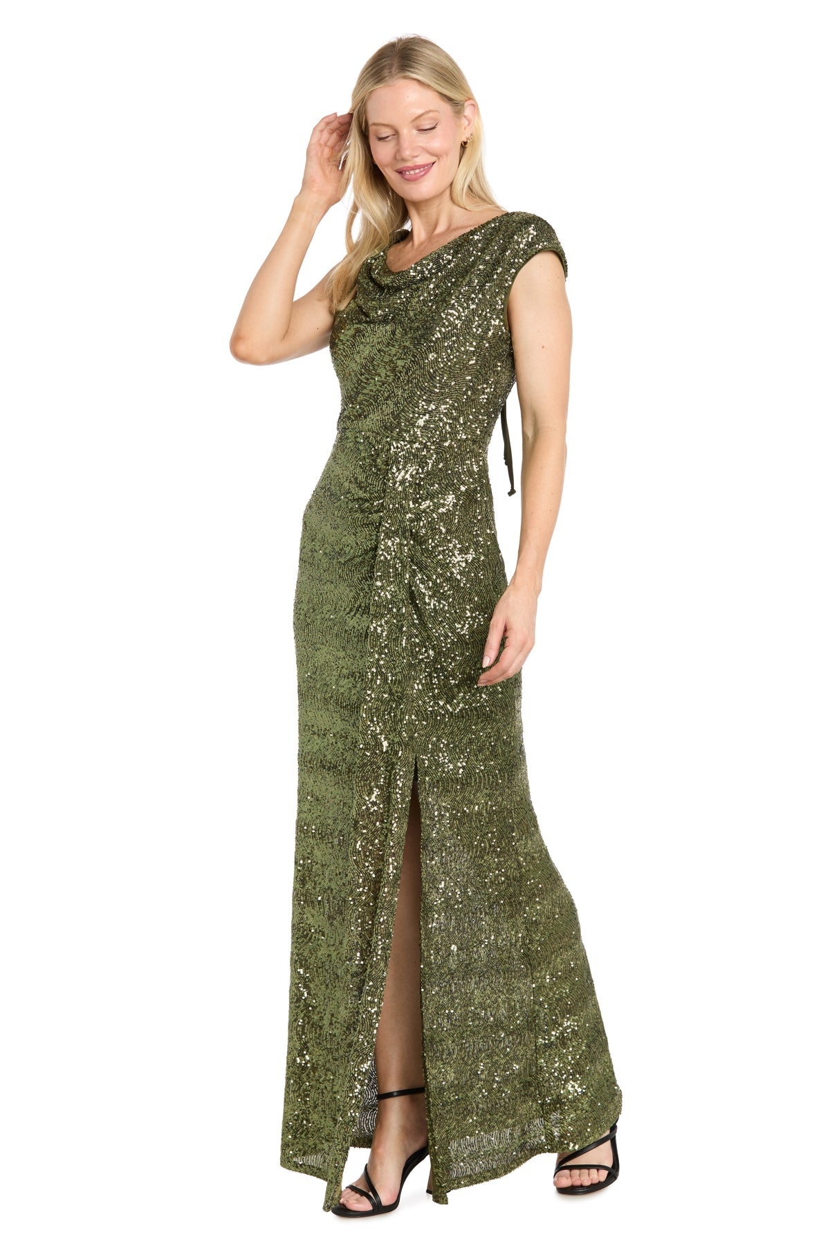 Moss R&M Richards 5429 Cowl Neck Floor-Length Sequin Formal Dress Slit