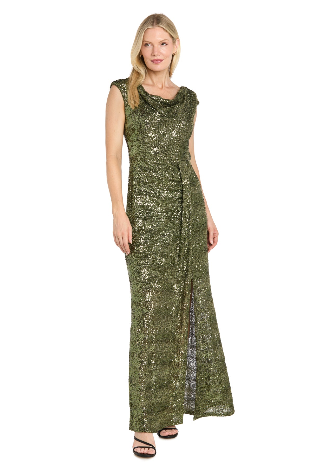 Moss R&M Richards 5429 Cowl Neck Floor-Length Sequin Formal Dress Slit