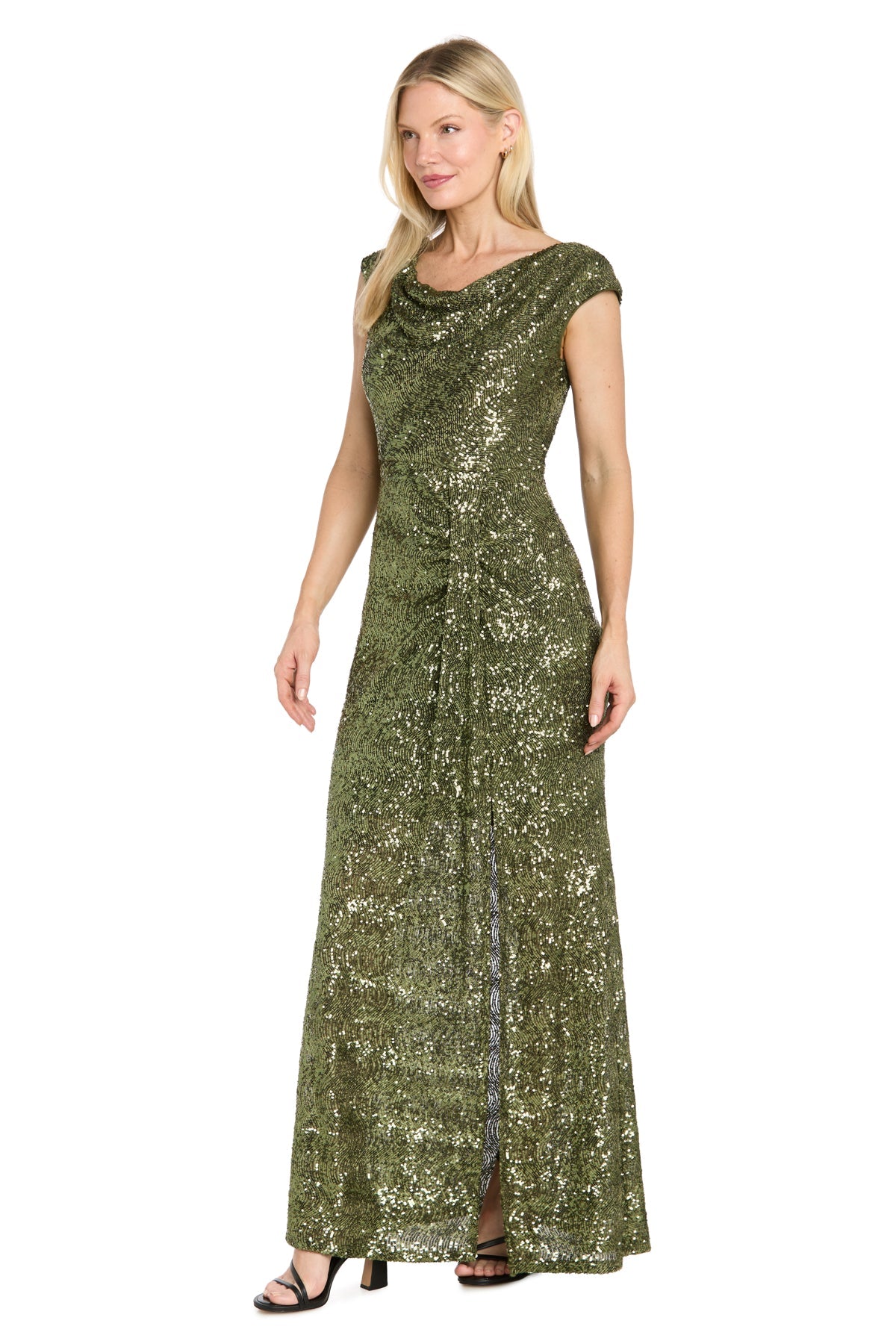 Moss R&M Richards 5429 Cowl Neck Floor-Length Sequin Formal Dress Slit