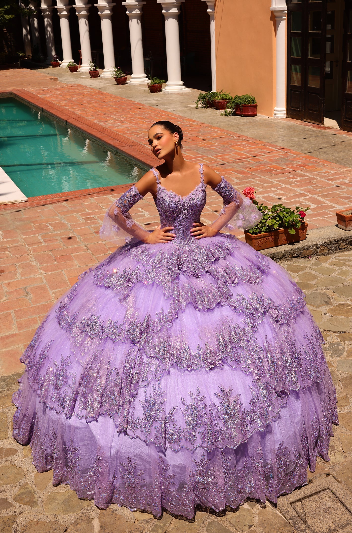 Quinceniera Dresses Long Quinceanera Dress Detachable Sleeves Ball Gown Lilac