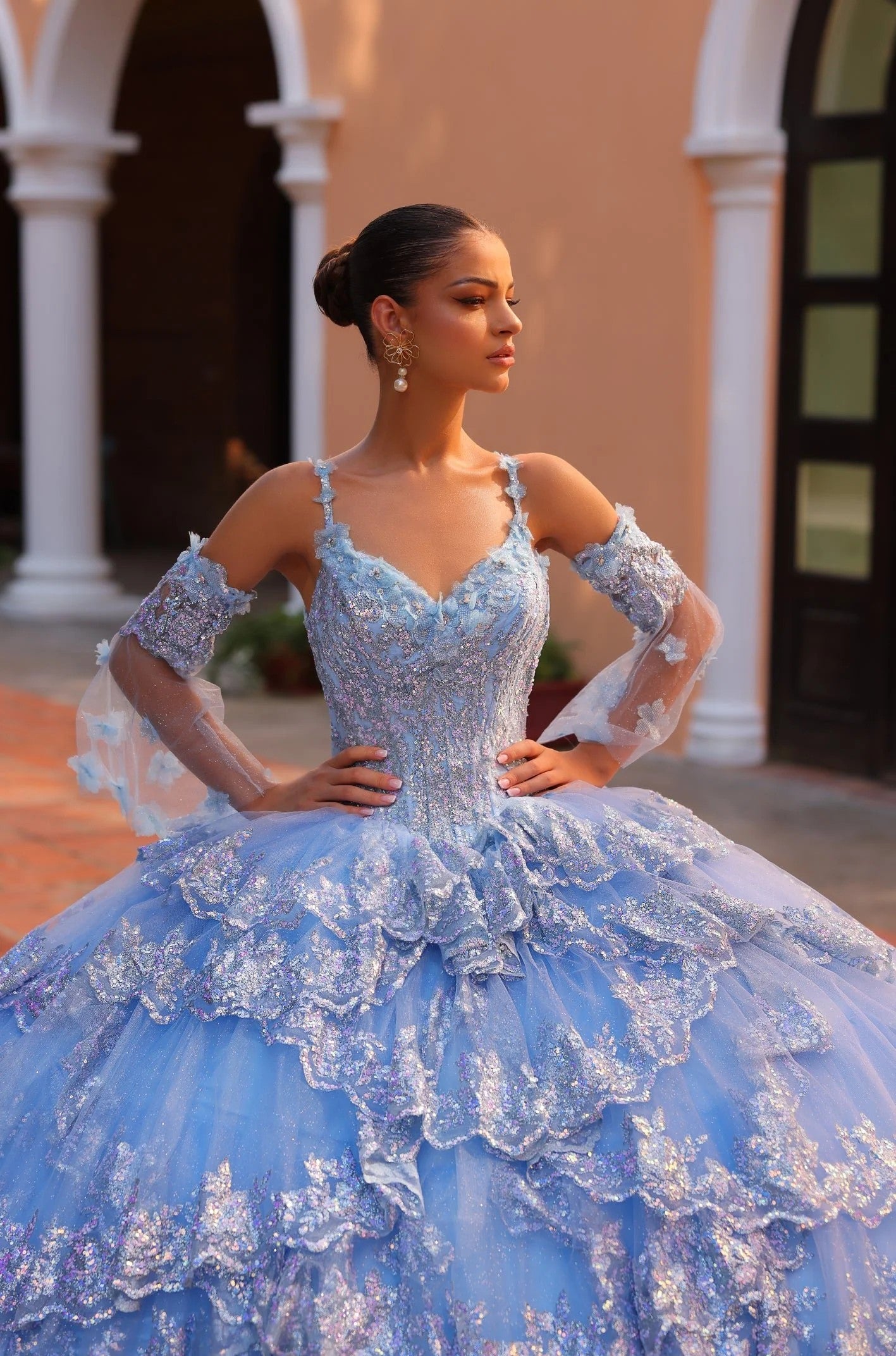 Quinceniera Dresses Long Quinceanera Dress Detachable Sleeves Ball Gown Light Blue