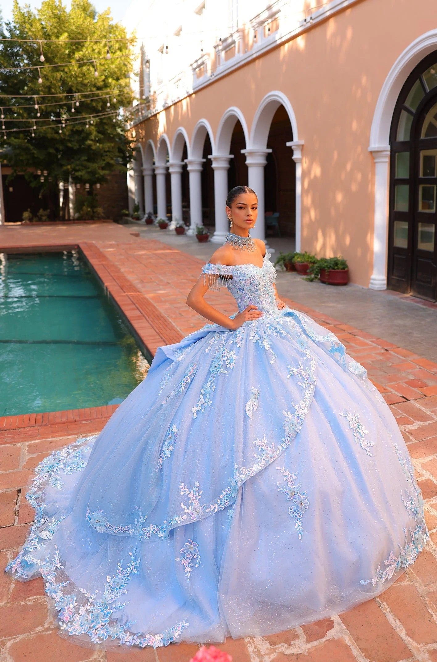 Amarra 54305 Long Ball Gown Sweet 16 Detachable Bow Quinceanera Dress - Light Blue / 24 Amarra 54305 Long Ball Gown Sweet 16 Detachable Bow Quinceanera Dress - Light Blue / 24