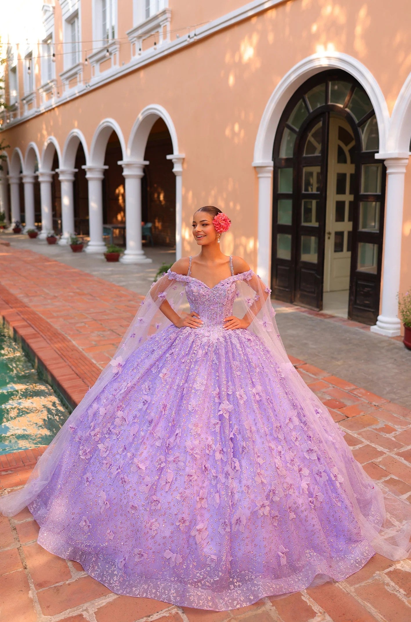 Amarra 54308 Long Ball Gown Cape Sleeve Quinceanera Dress