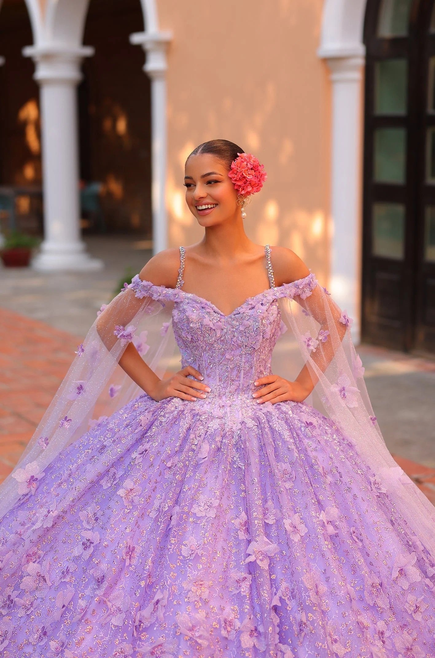 Amarra 54308 Long Ball Gown Cape Sleeve Quinceanera Dress