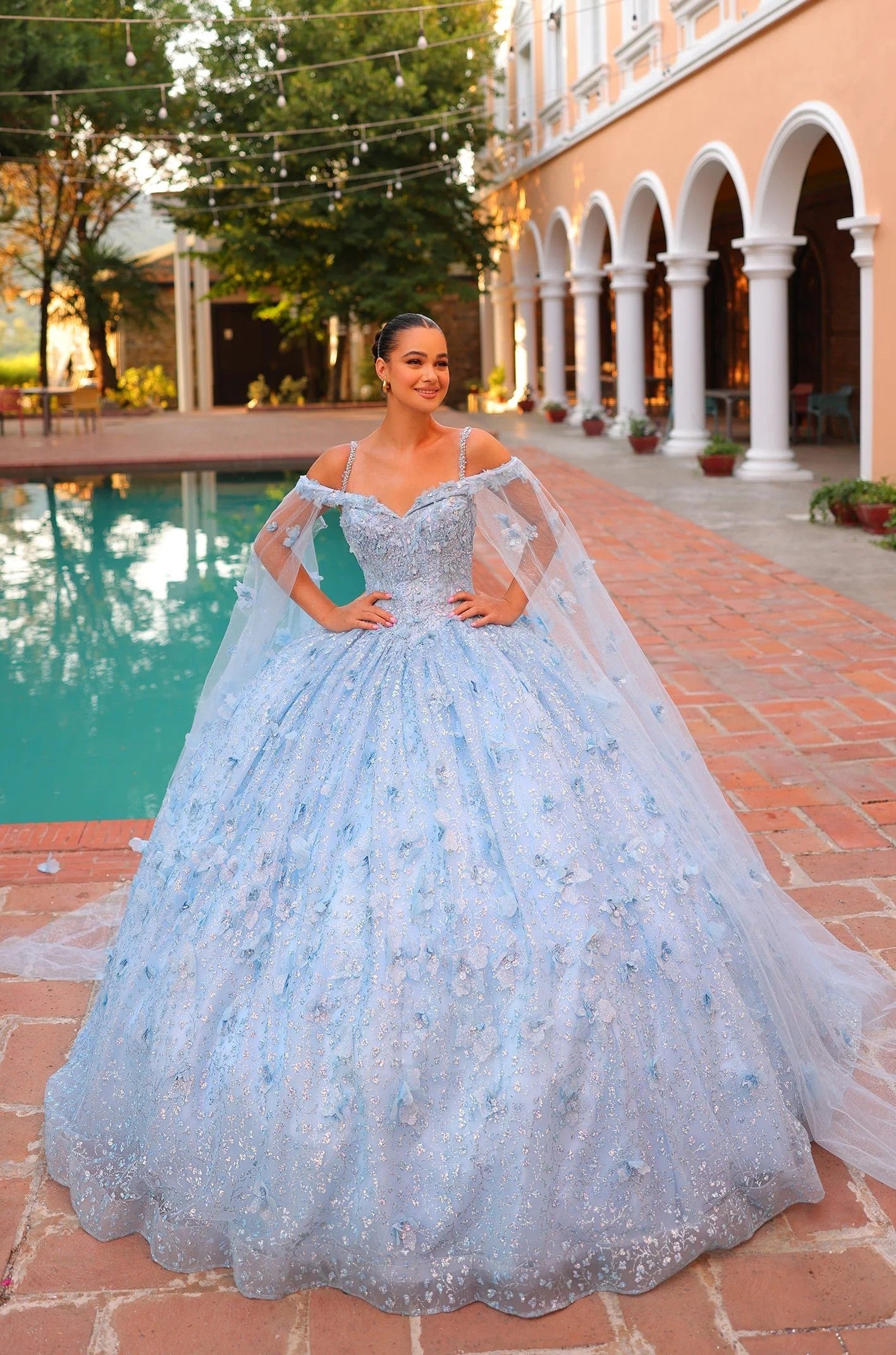 Amarra 54308 Long Ball Gown Cape Sleeve Quinceanera Dress