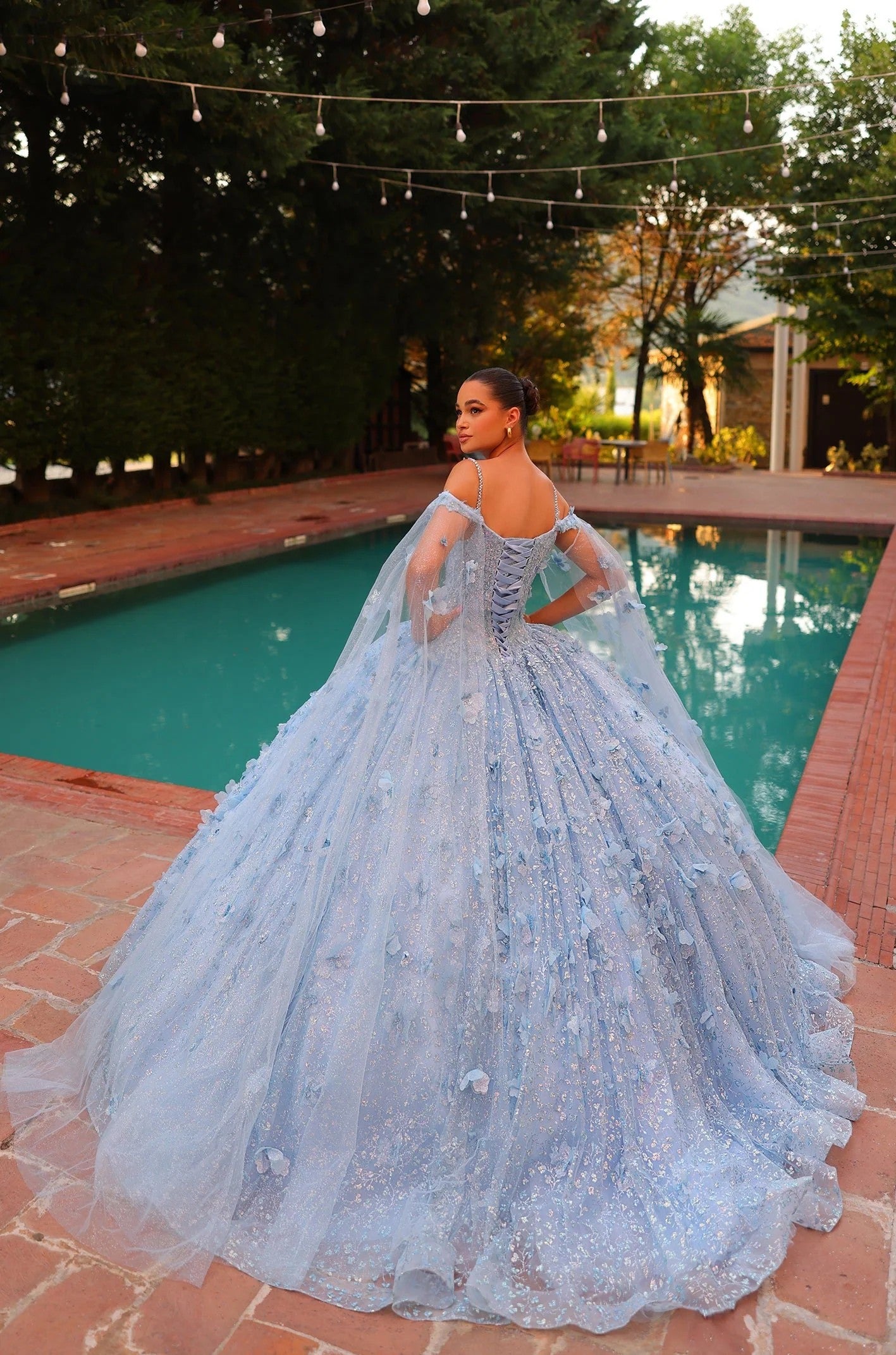 Amarra 54308 Long Ball Gown Cape Sleeve Quinceanera Dress