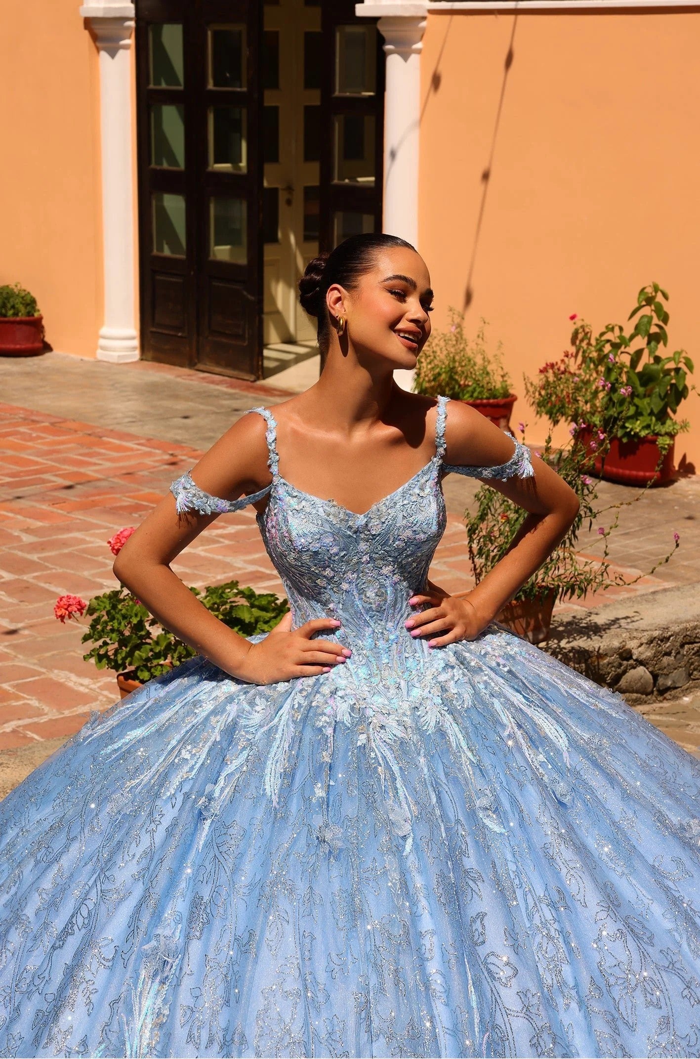 Quinceniera Dresses 3D Floral Applique Long Detachable Cape Quinceanera Dress Bahama Blue