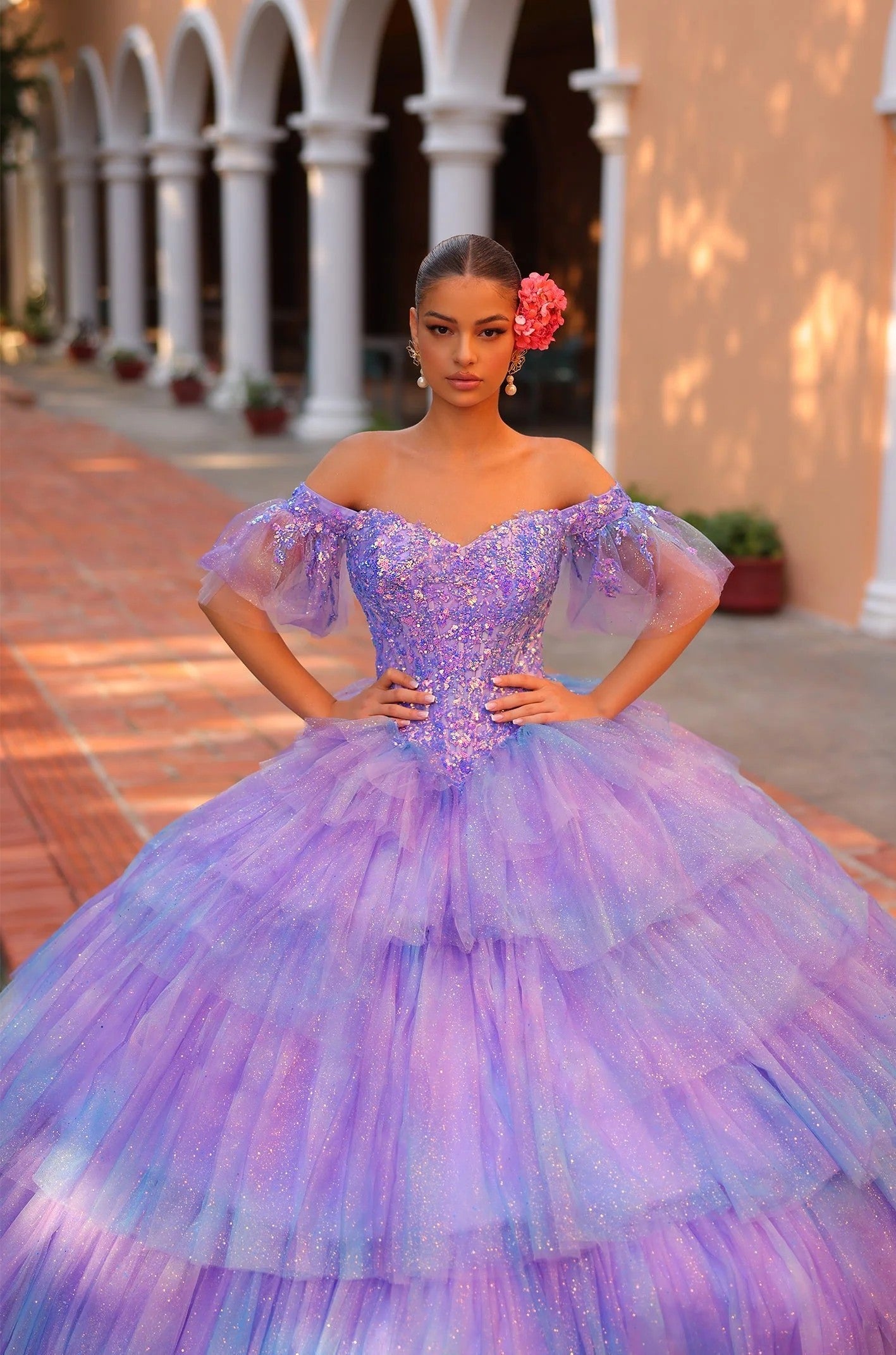 Quinceniera Dresses Glitter Ball Gown Sweet 16 Long Quinceanera Dress Lilac/Multi