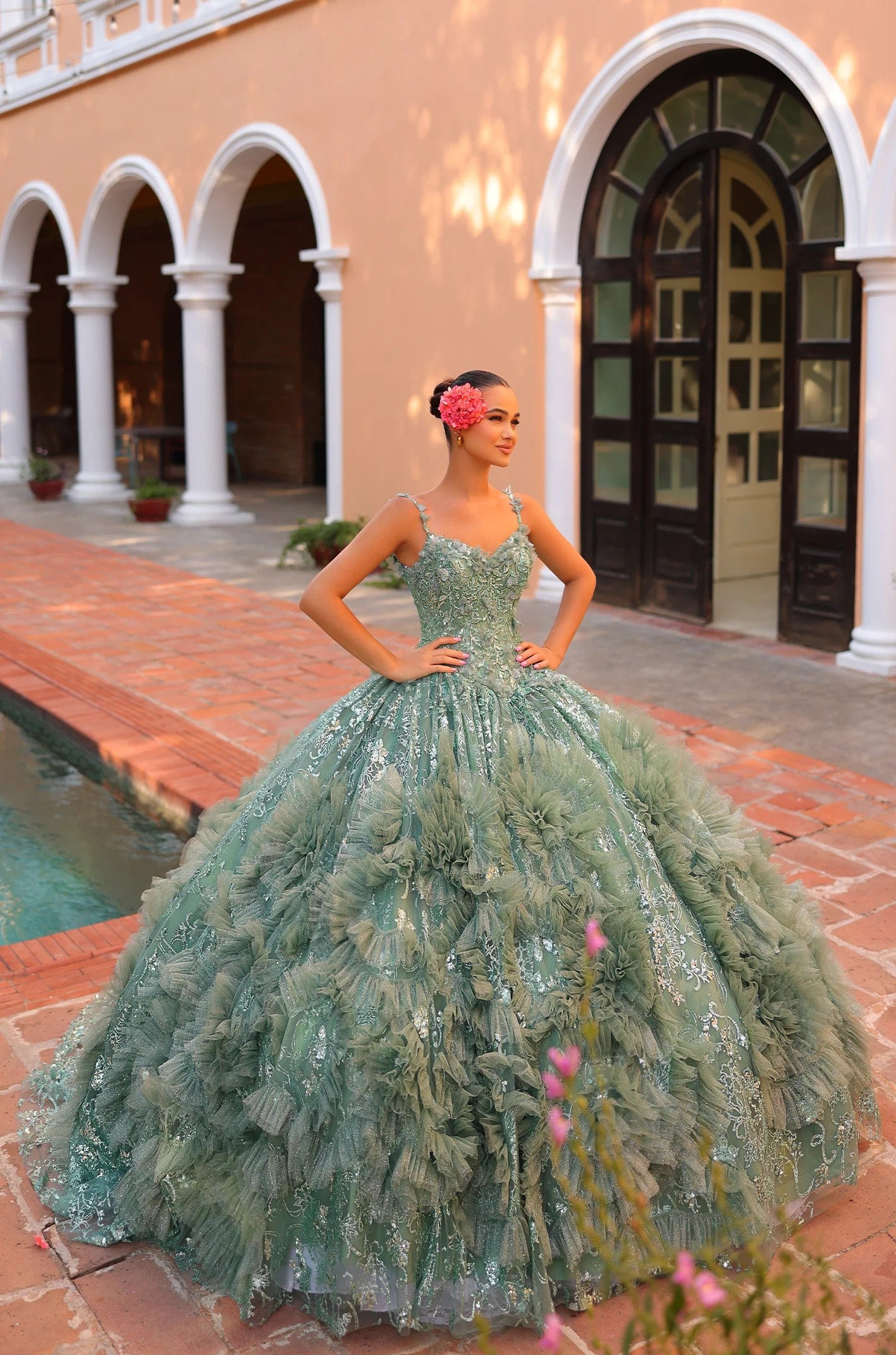 Amarra 54314 Ball Gown Long 3D Floral Applique Detachable Cape Quinceanera Dress