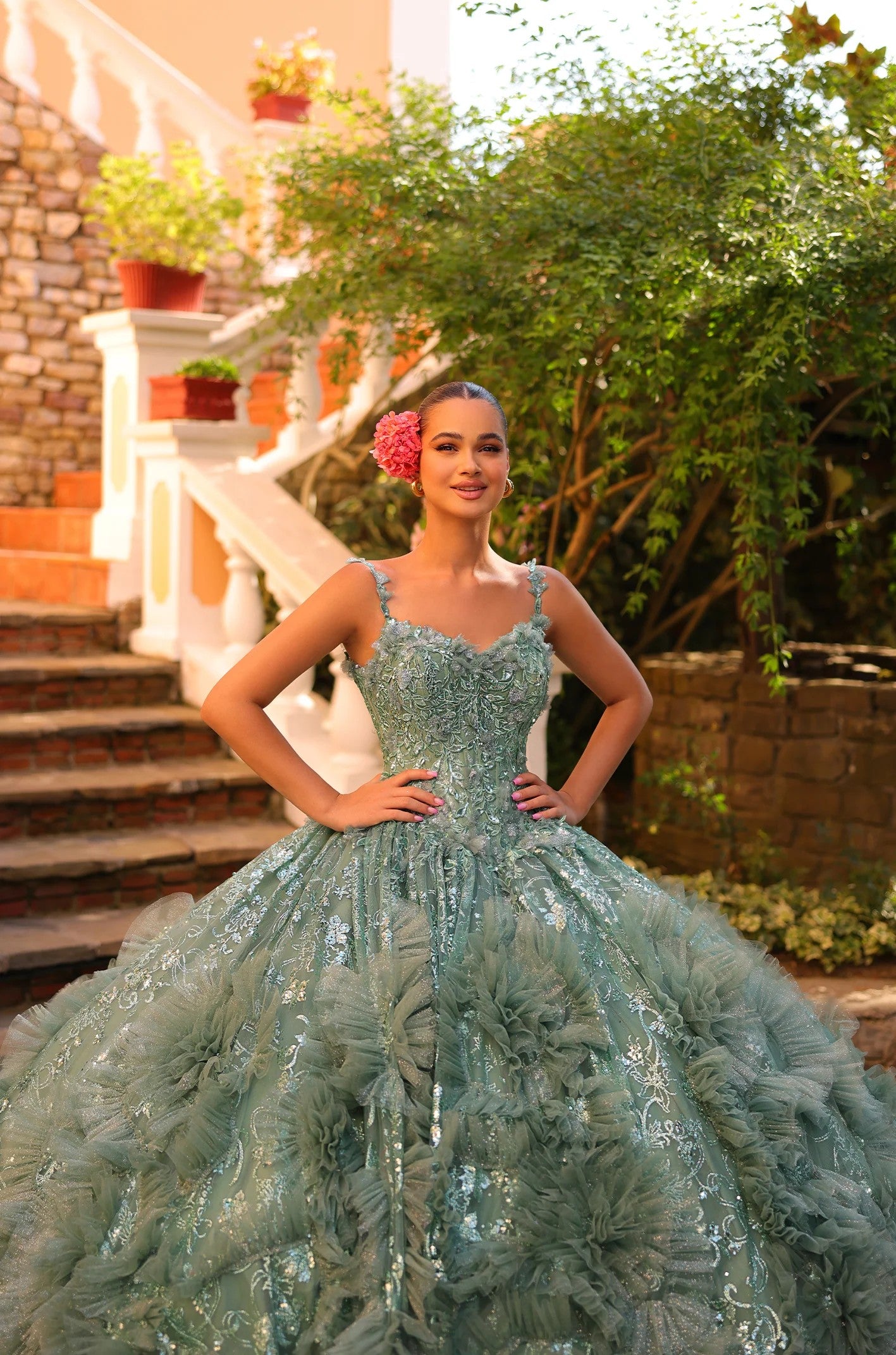 Quinceniera Dresses Ball Gown Long 3D Floral Applique Detachable Cape Quinceanera Dress Sage