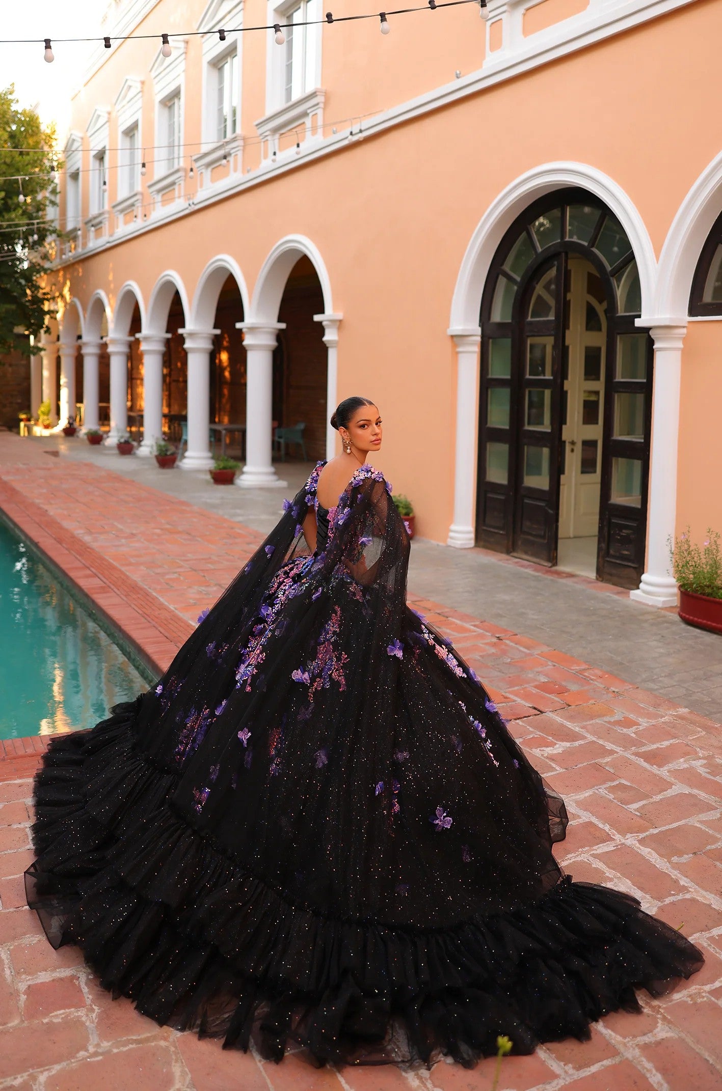 Quinceniera Dresses Floral Sequin Applique Long Ball Gown Cape Quinceanera Dress Black/Multi
