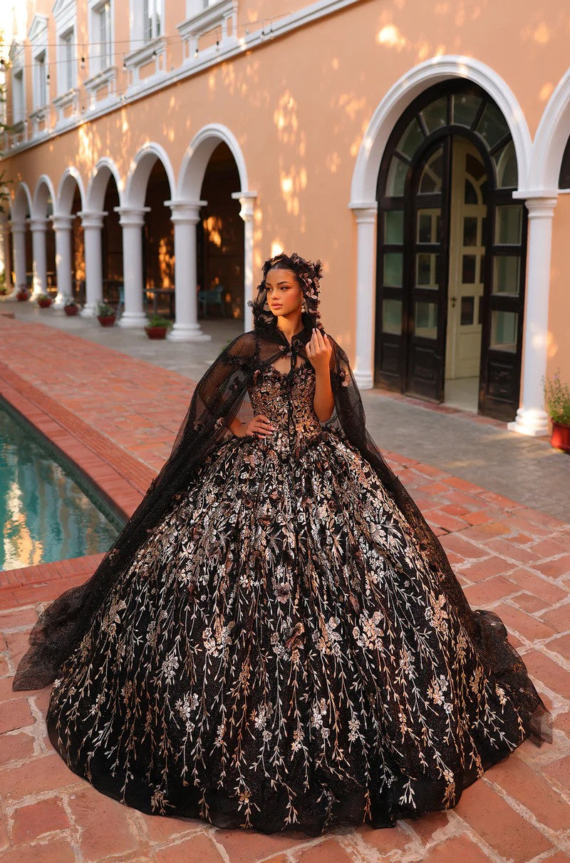 Amarra 54320 Long 3D Floral Detachable Hooded Cape Quinceanera Dress