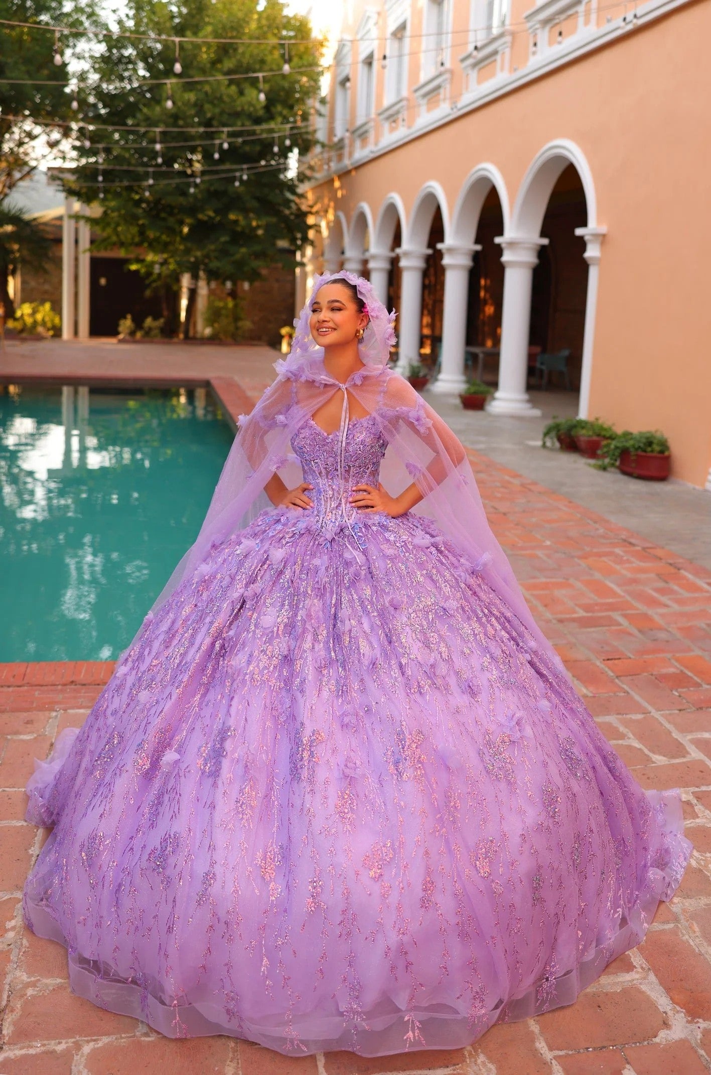 Quinceniera Dresses Long Ball Gown 3D Floral Detachable Hooded Cape Quinceanera Dress Lilac