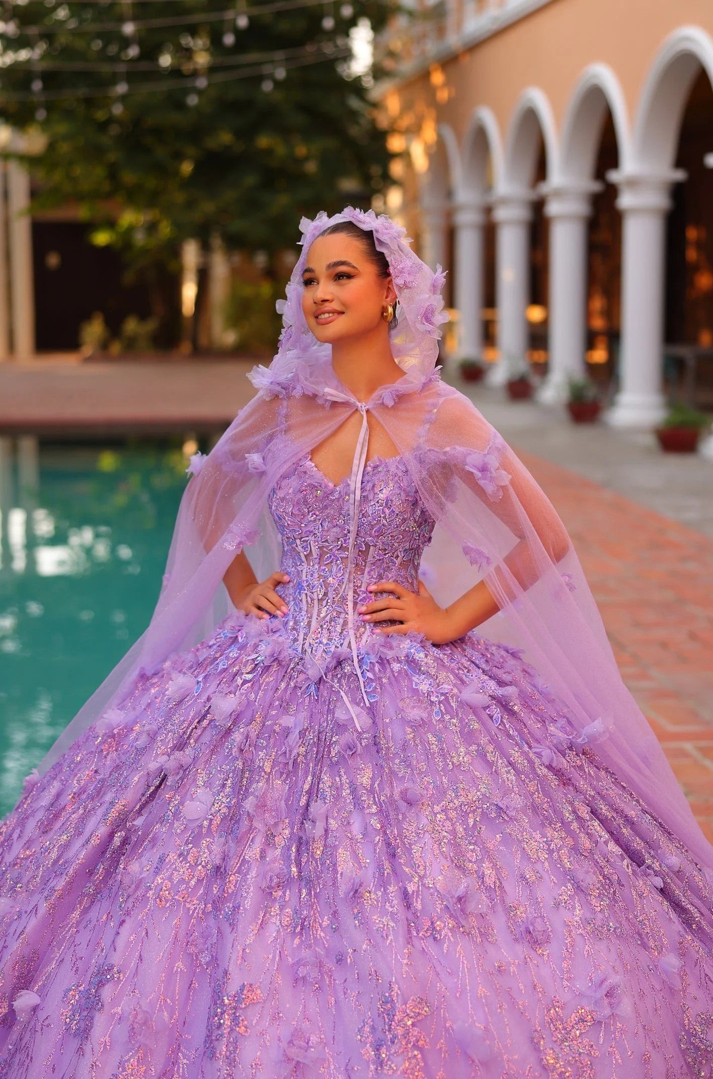 Amarra 54320 Long 3D Floral Detachable Hooded Cape Quinceanera Dress