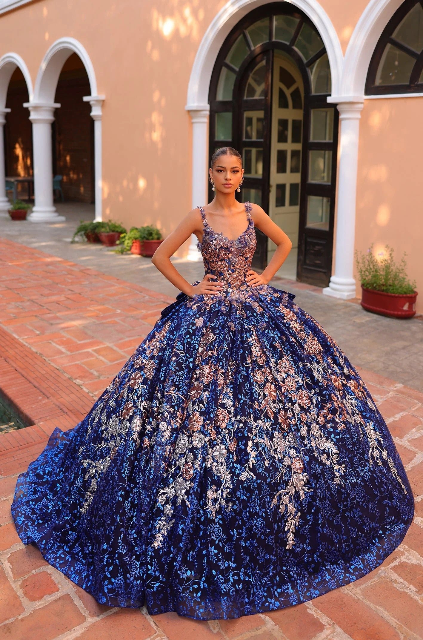 Amarra 54322 Long Glitter Print Detachable Sleeves Quinceanera Dress